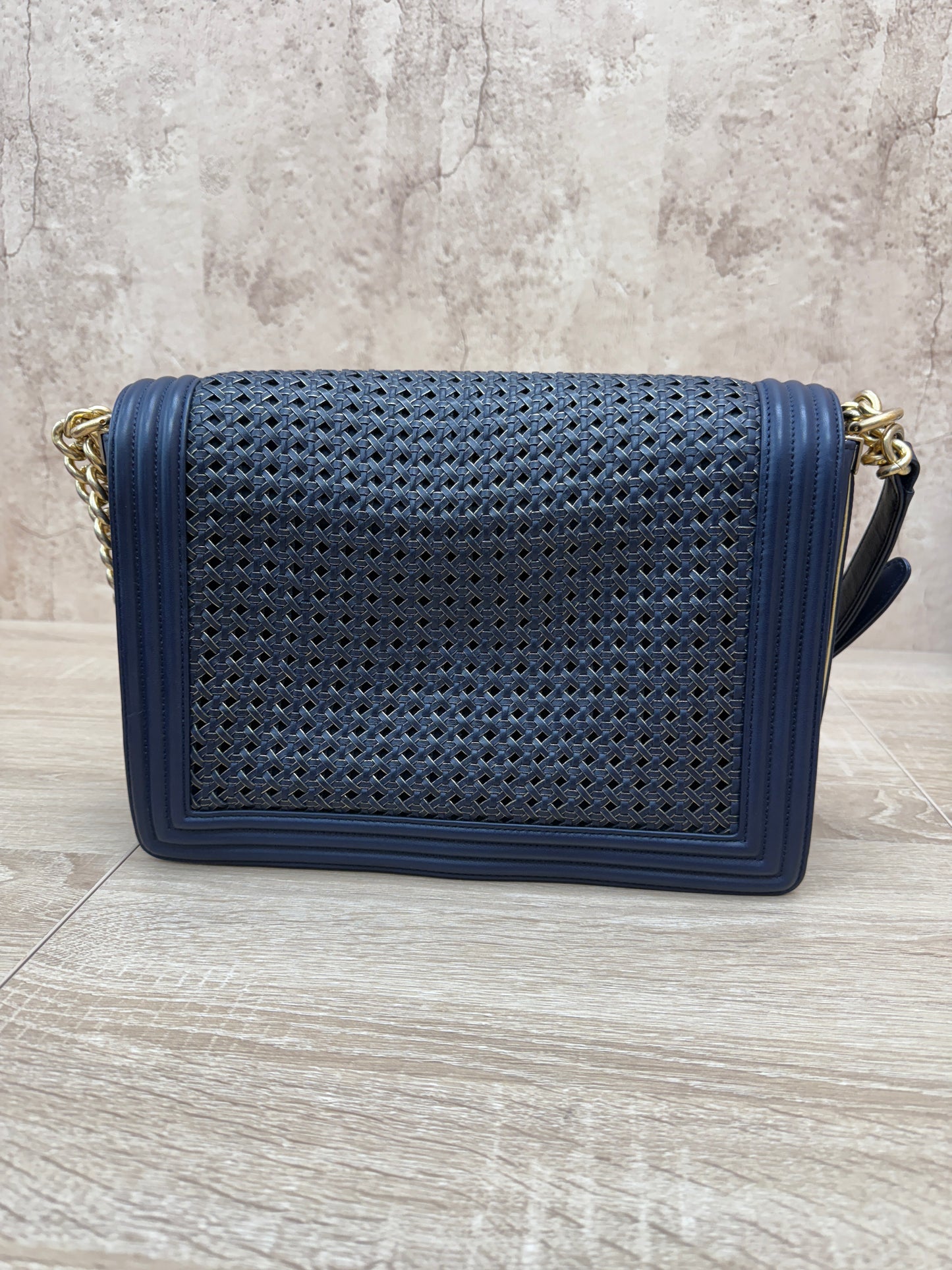 Chanel Navy Lambskin Braided Woven Boy Flap