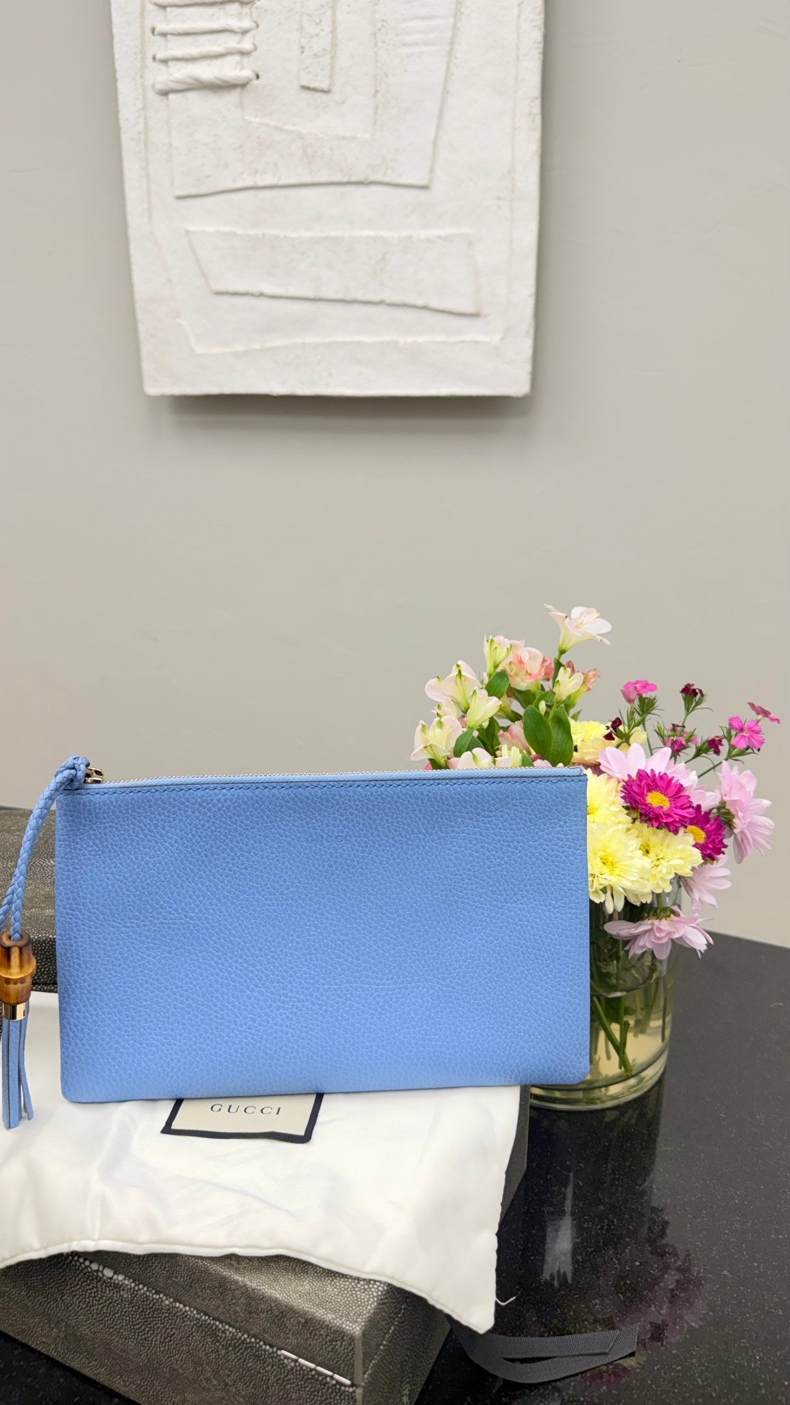 Gucci Blue Grained Leather Bamboo Clutch