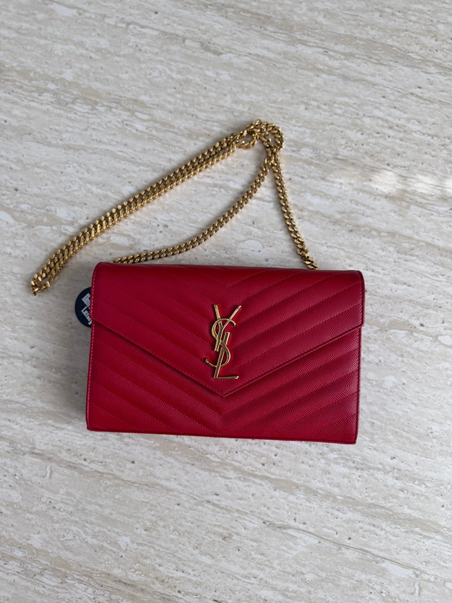Saint Laurent YSL Red Pebbled Leather Envelope Wallet on a Chain