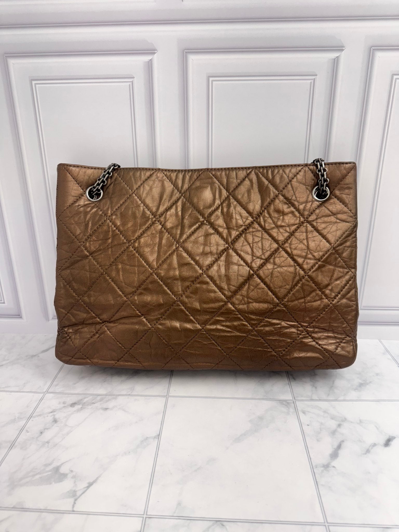Chanel Metallic Bronze Quilted Aged Calfskin Leather Reissue 2.55 Medium Shopping Tote