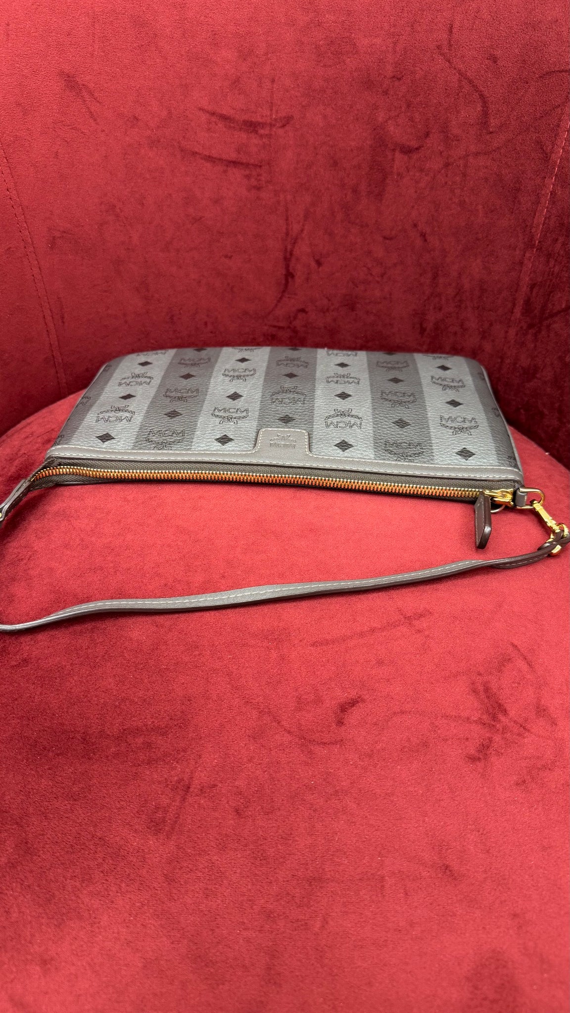 MCM Gray Visetos Striped Leather Large Liz Pouch