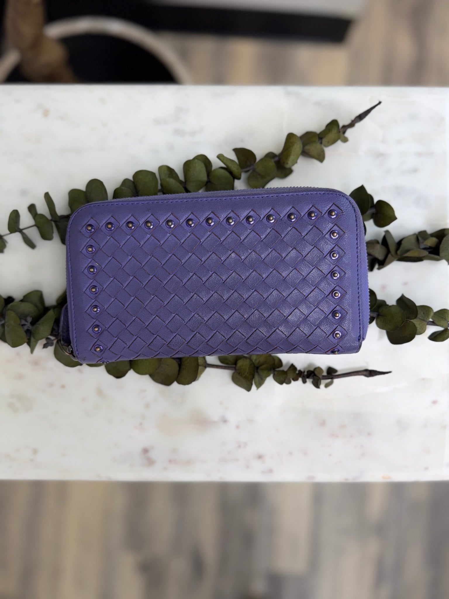 Bottega Veneta Purple Leather Studded Intrecciato Zippy Wallet