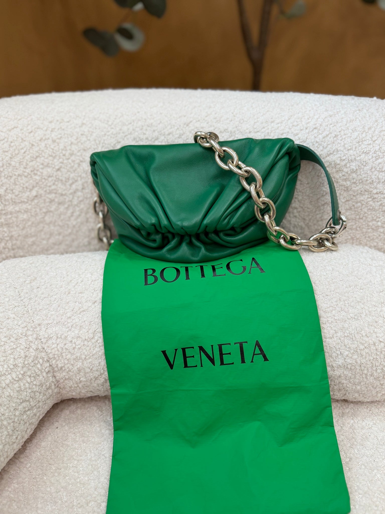 Bottega Veneta Green Leather Chain Shoulder Pouch Bag