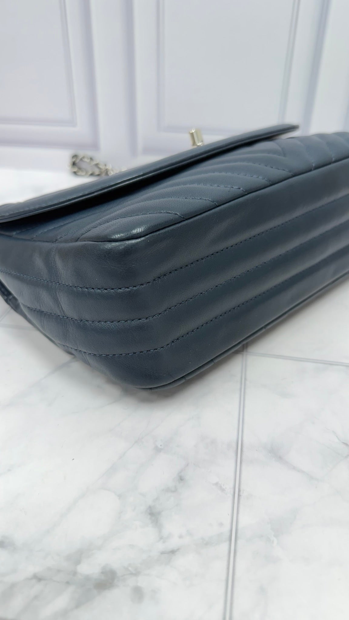 Chanel Navy Chevron Quilted Calfskin Round CC Flap Bag