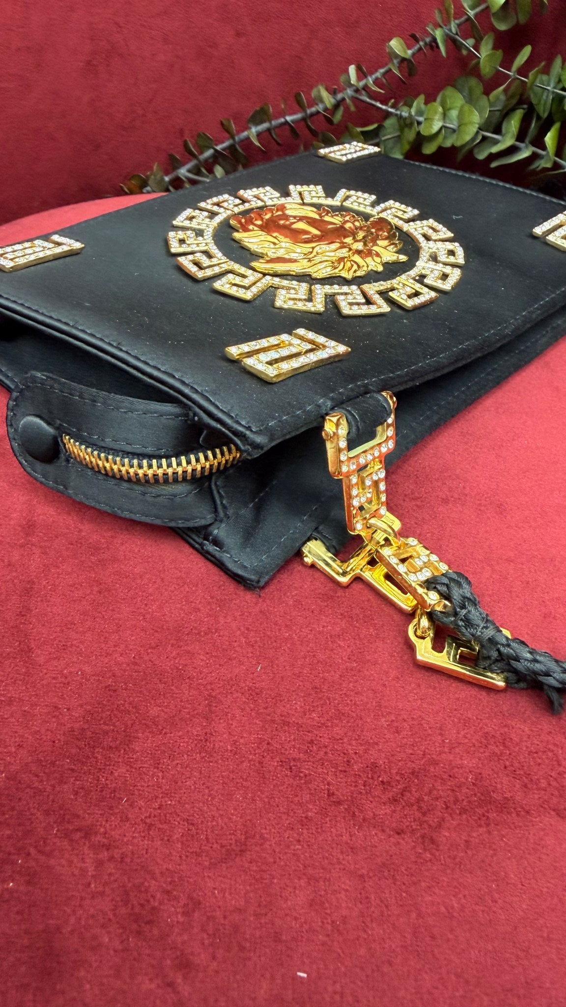 Versace Gianni Vintage 1992 Black Satin Gold Rhinestone Medusa Bag