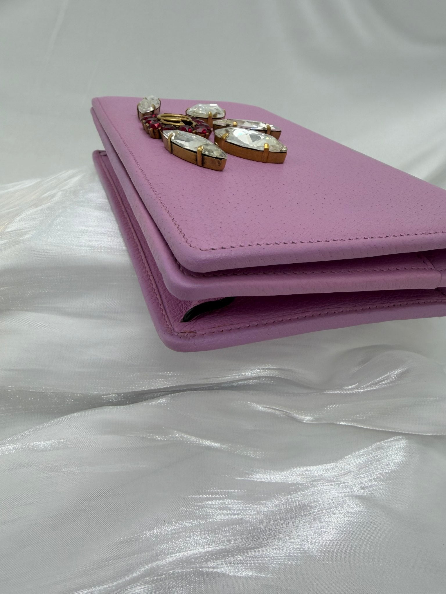 Gucci Pink Leather Marmont Marquise Crystal Wallet on a Chain