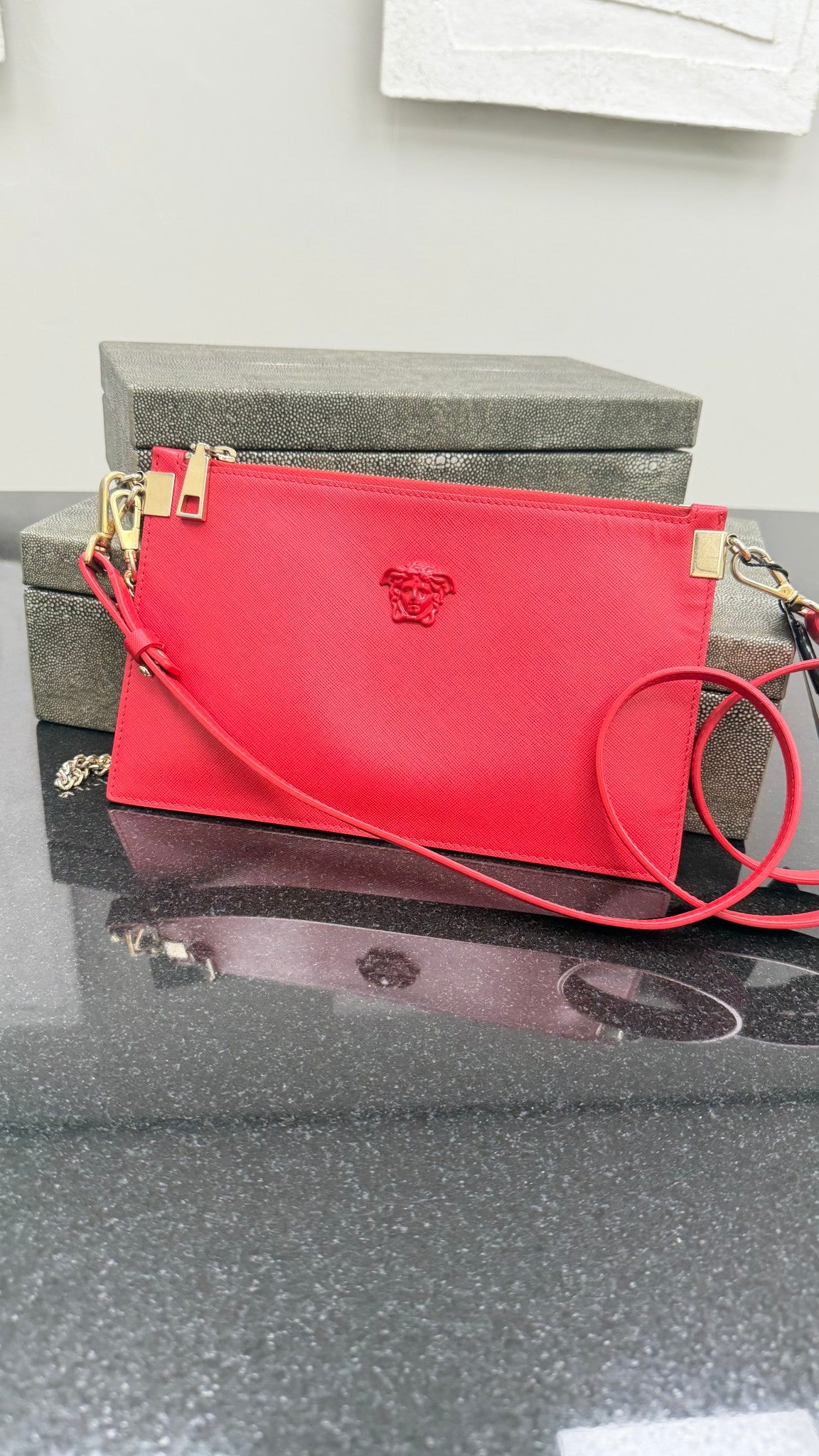 Versace Red Leather Monochrome Medusa Wristlet Crossbody