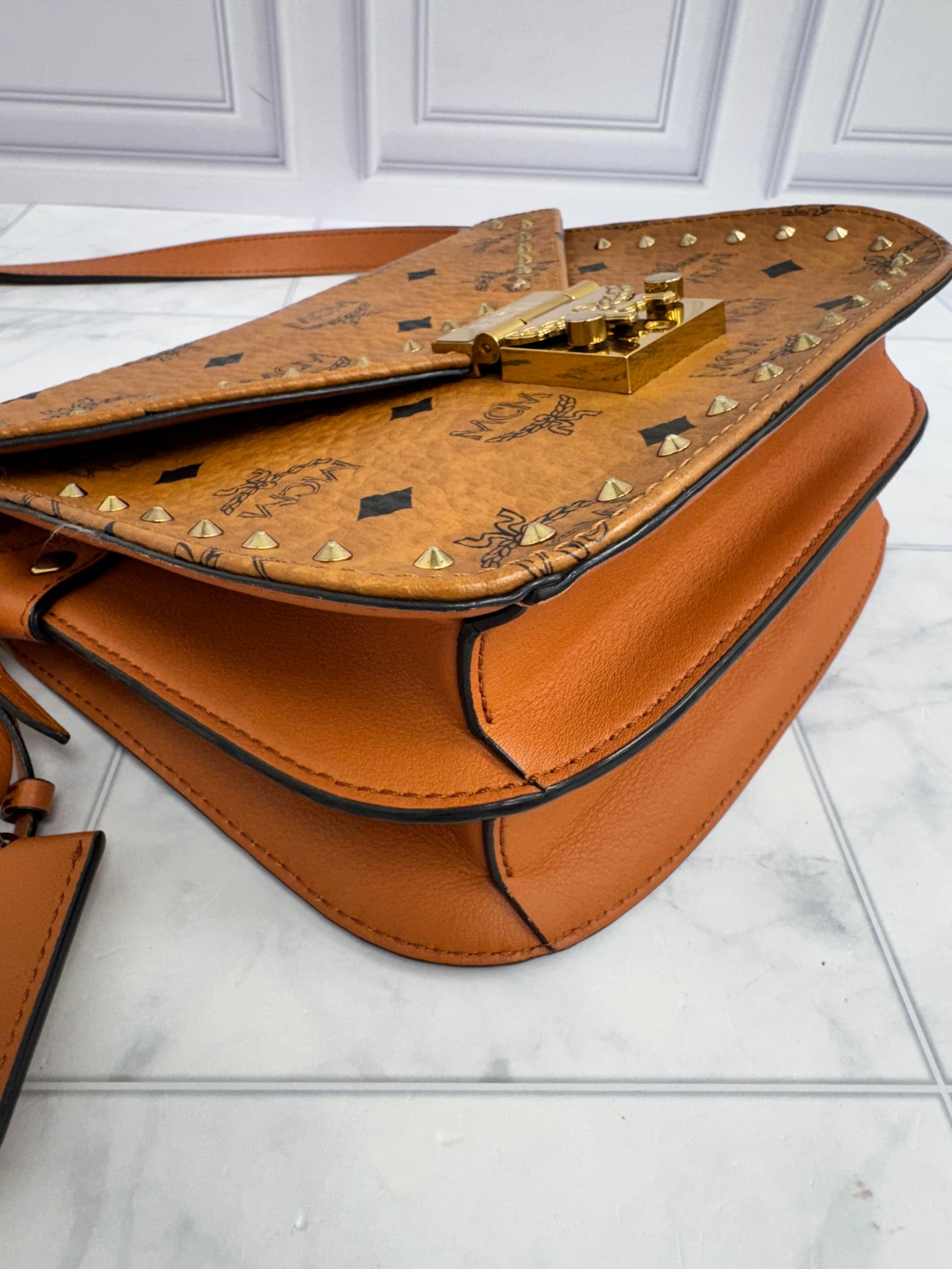 MCM Cognac Visetos Coated Canvas Studded Patricia Outline Small Crossbody Bag