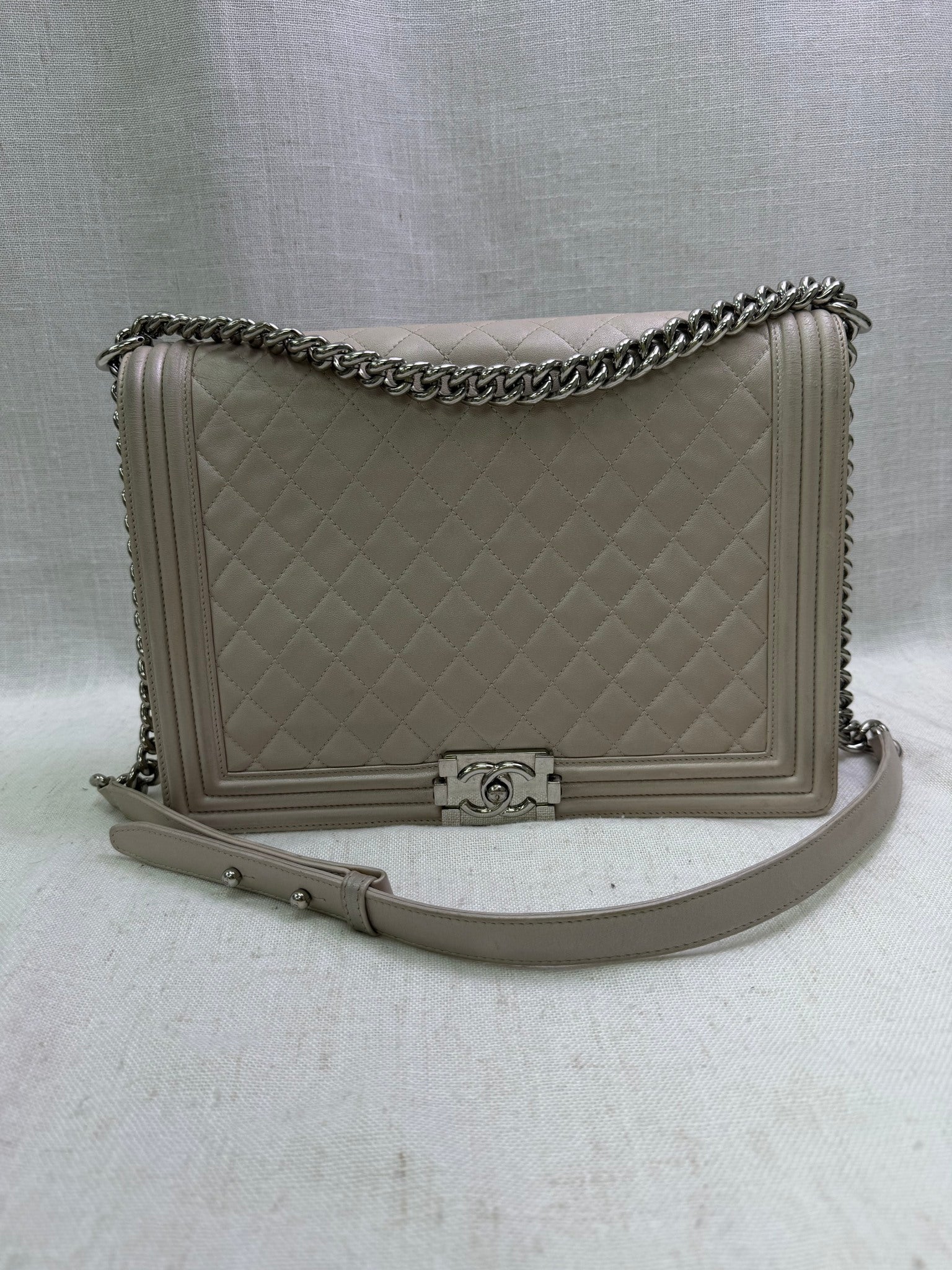 Chanel Irridesent Beige Quilted Calfskin Large Boy Bag