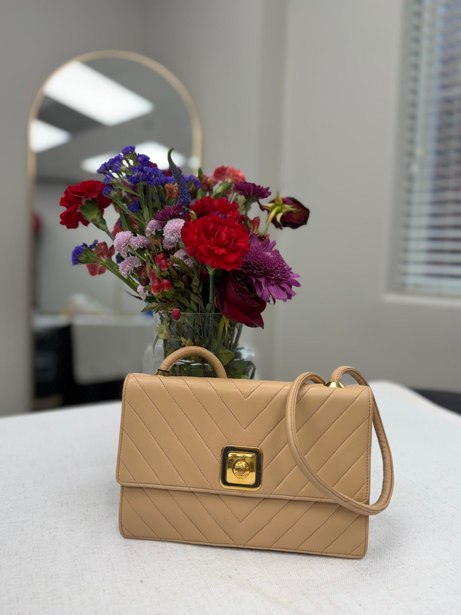 Chanel Beige Lambskin Chevron Crossbody Bag