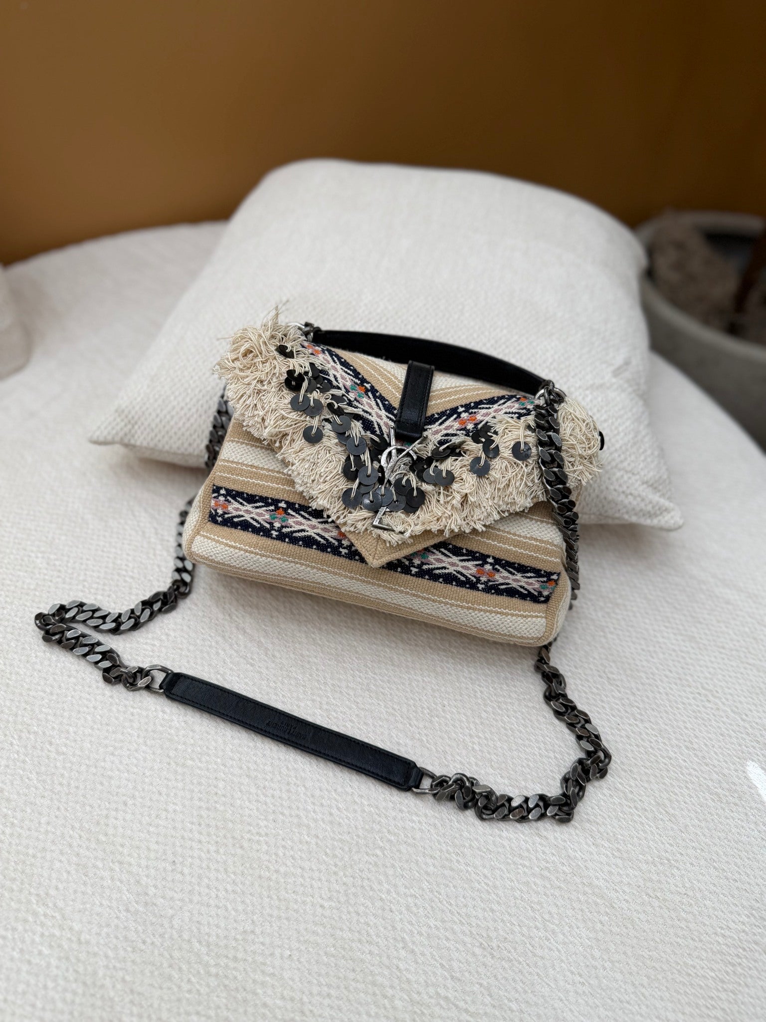 Saint Laurent YSL Limited Edition Beige Berber Canvas College Monogrammed Bag