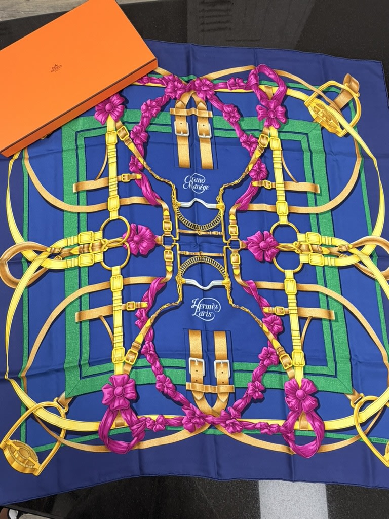 Hermes Blue Grand Manege Carre 90 Silk Scarf