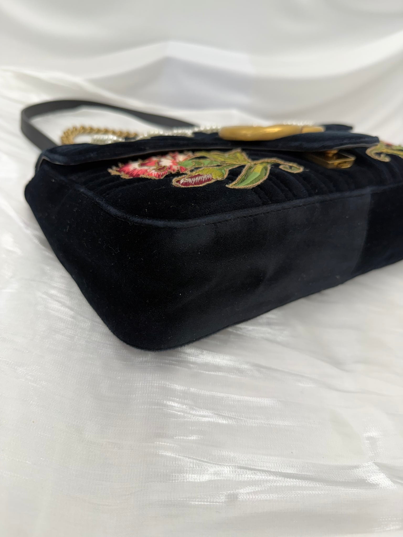Gucci Black Velvet "Loved" Embroidered Medium GG Marmont Crossbody