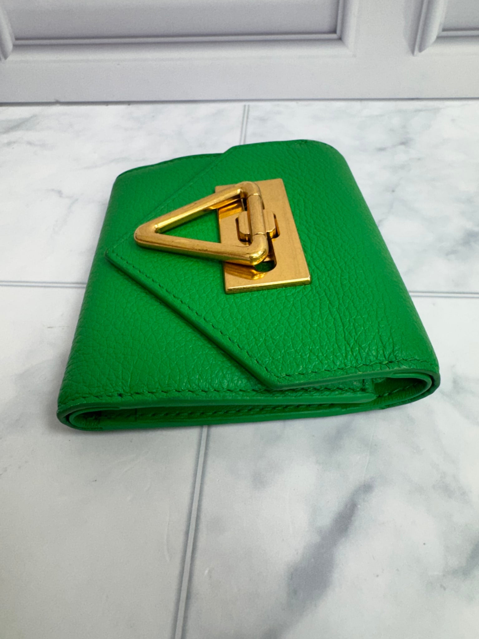 Bottega Veneta Green Leather Triangle Compact Wallet