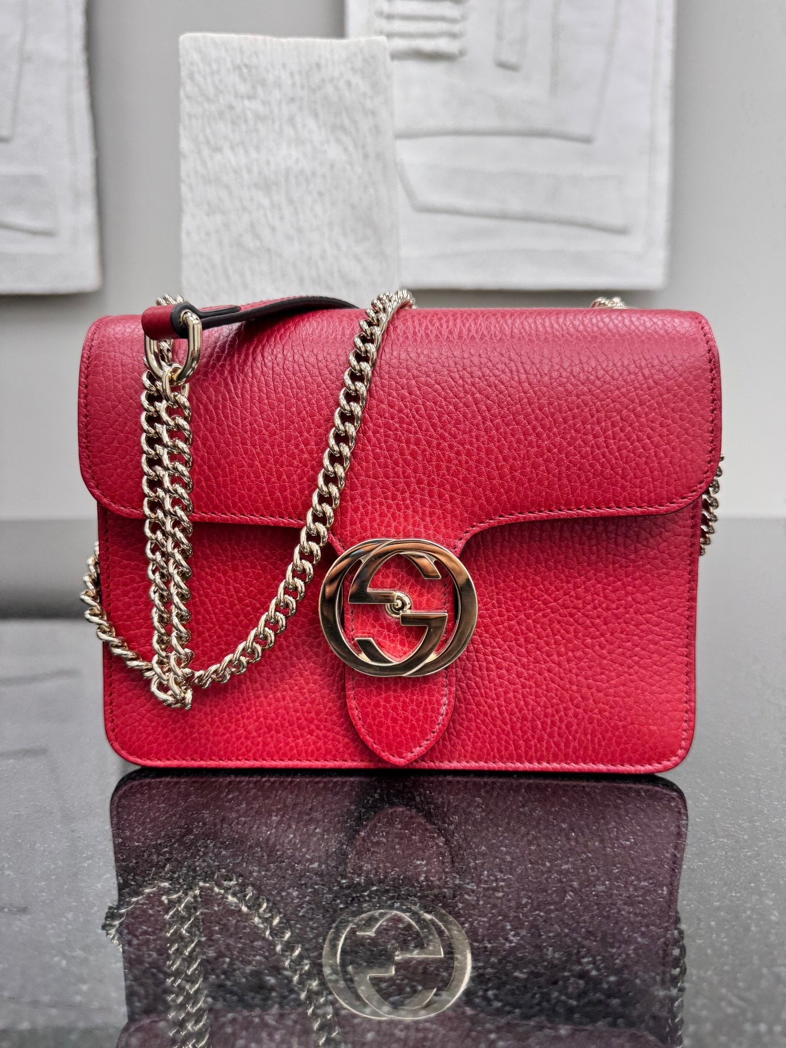 Gucci Red Pebbled Leather Interlocking G Small Chain Crossbody Bag