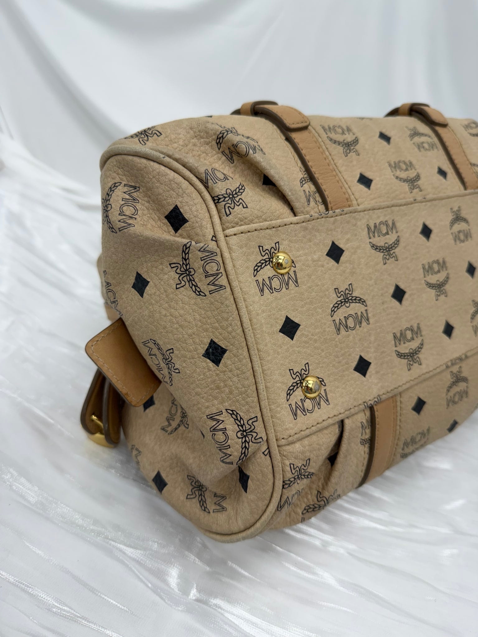 Mcm Cream Visetos Leather Boston Bag