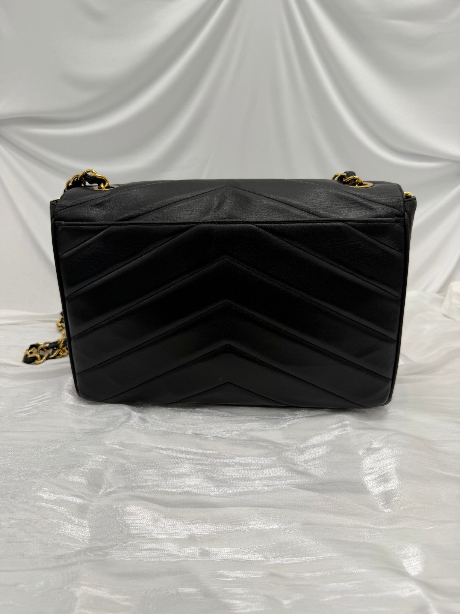 Chanel Vintage Black Chevron Lambskin 24k Jumbo Classic Flap Bag
