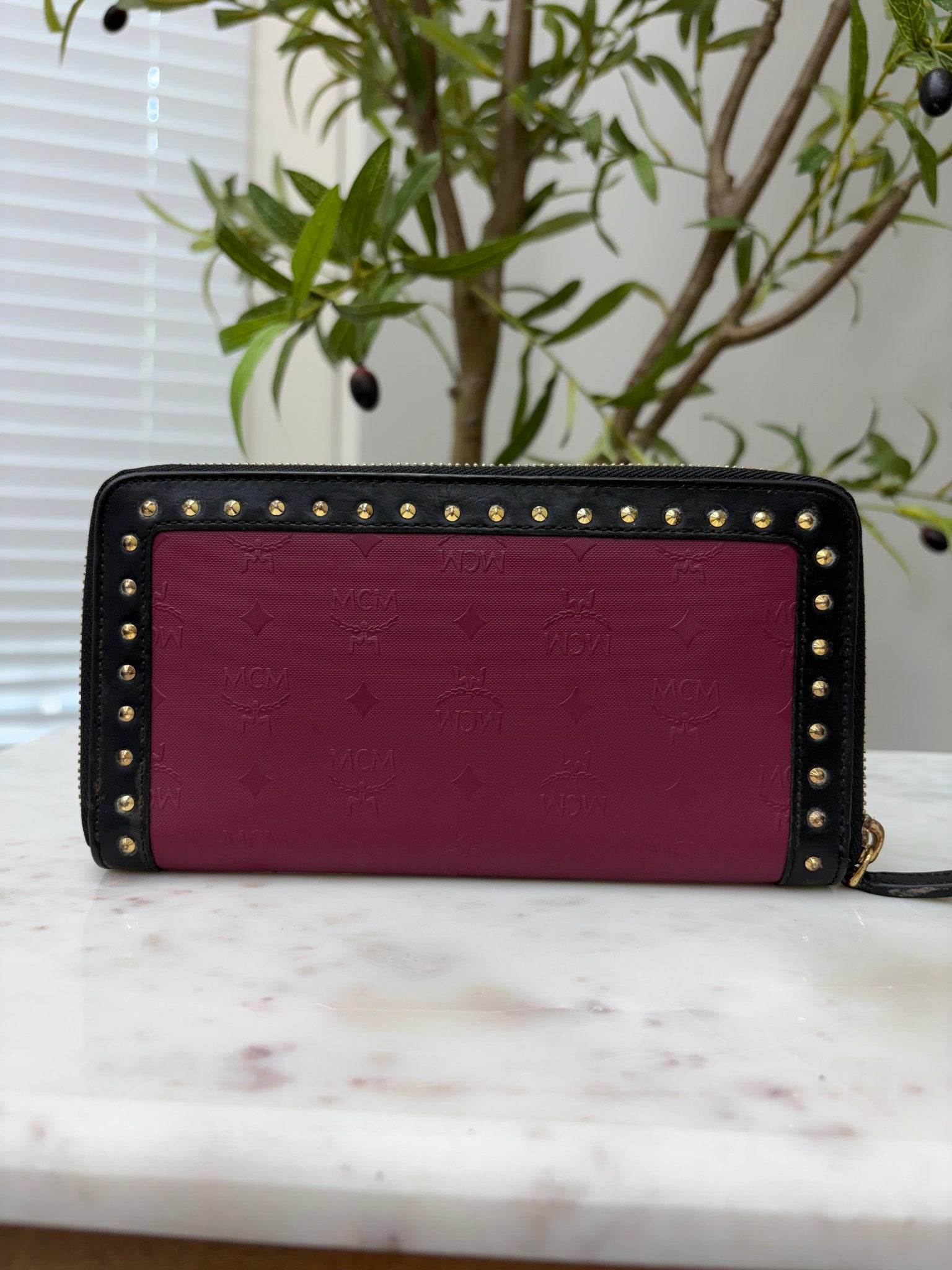 MCM Purple Coated Canvas Visetos Studded Zippy Wallet
