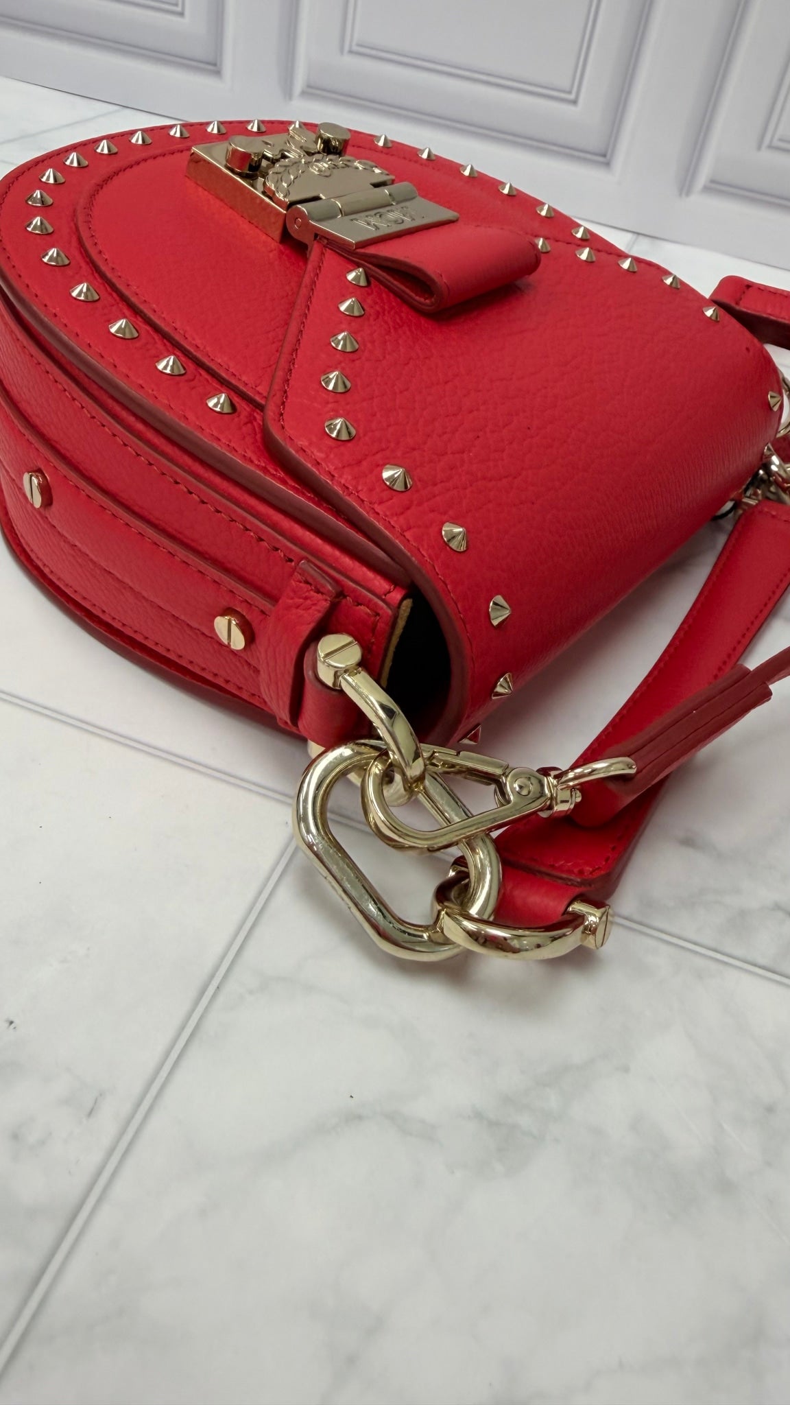 MCM Red Leather Studded Patricia 2way Bag