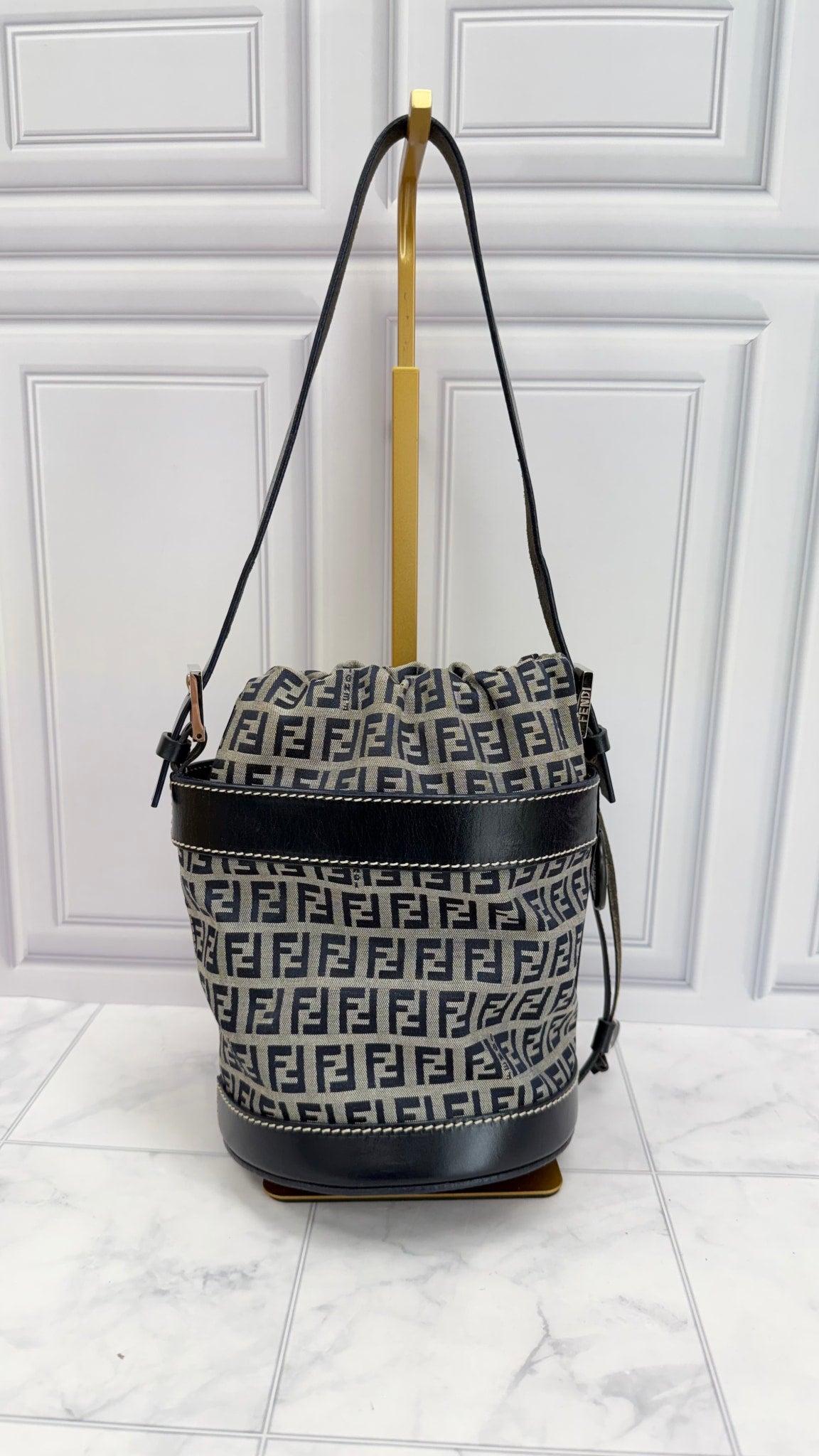 Fendi Blue Zucchino Canvas & Leather Drawstring Bucket Bag