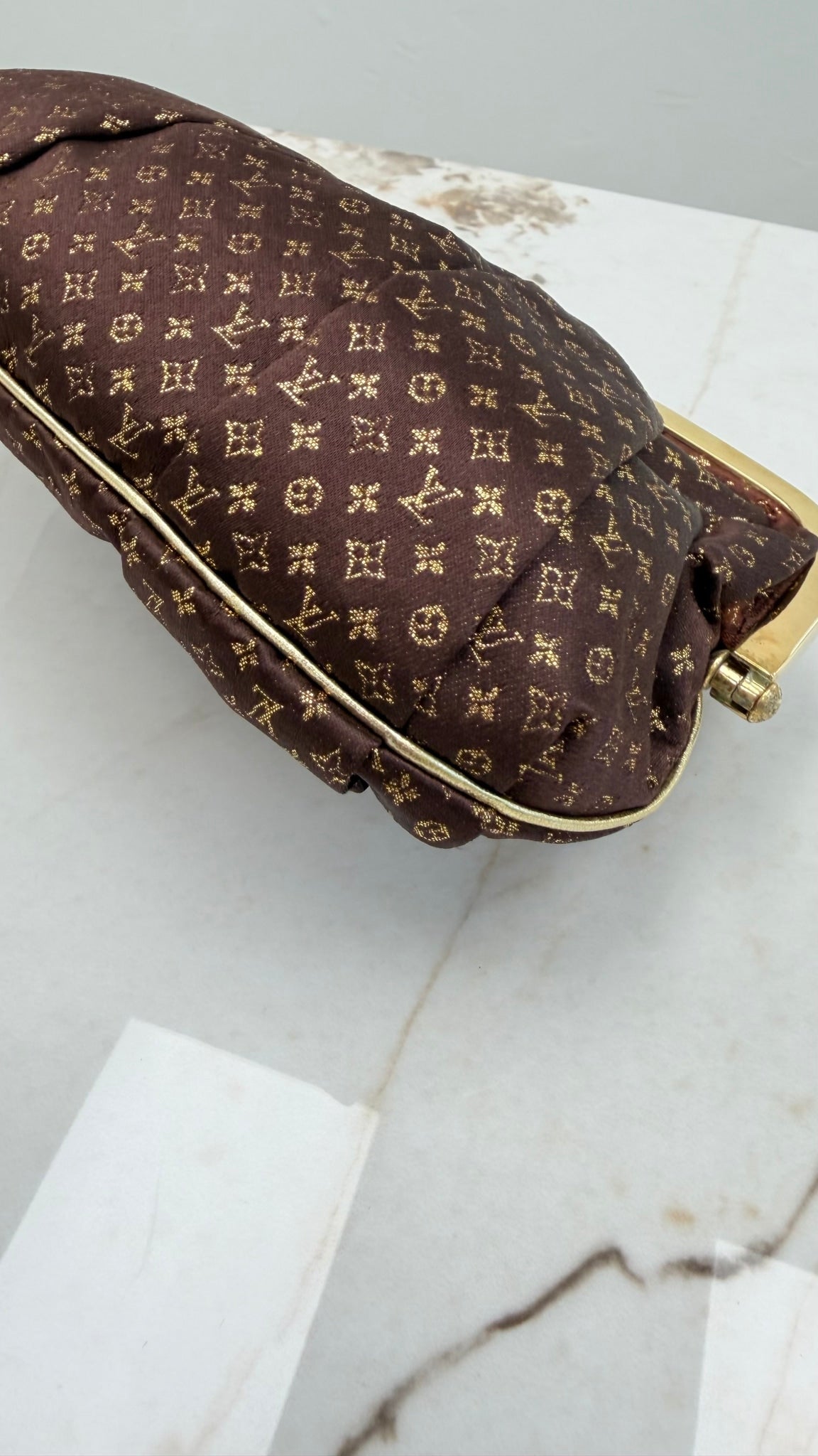 Louis Vuitton Limited Edition Brown & Gold Monogram Satin Aumoniere Kisslock Bag