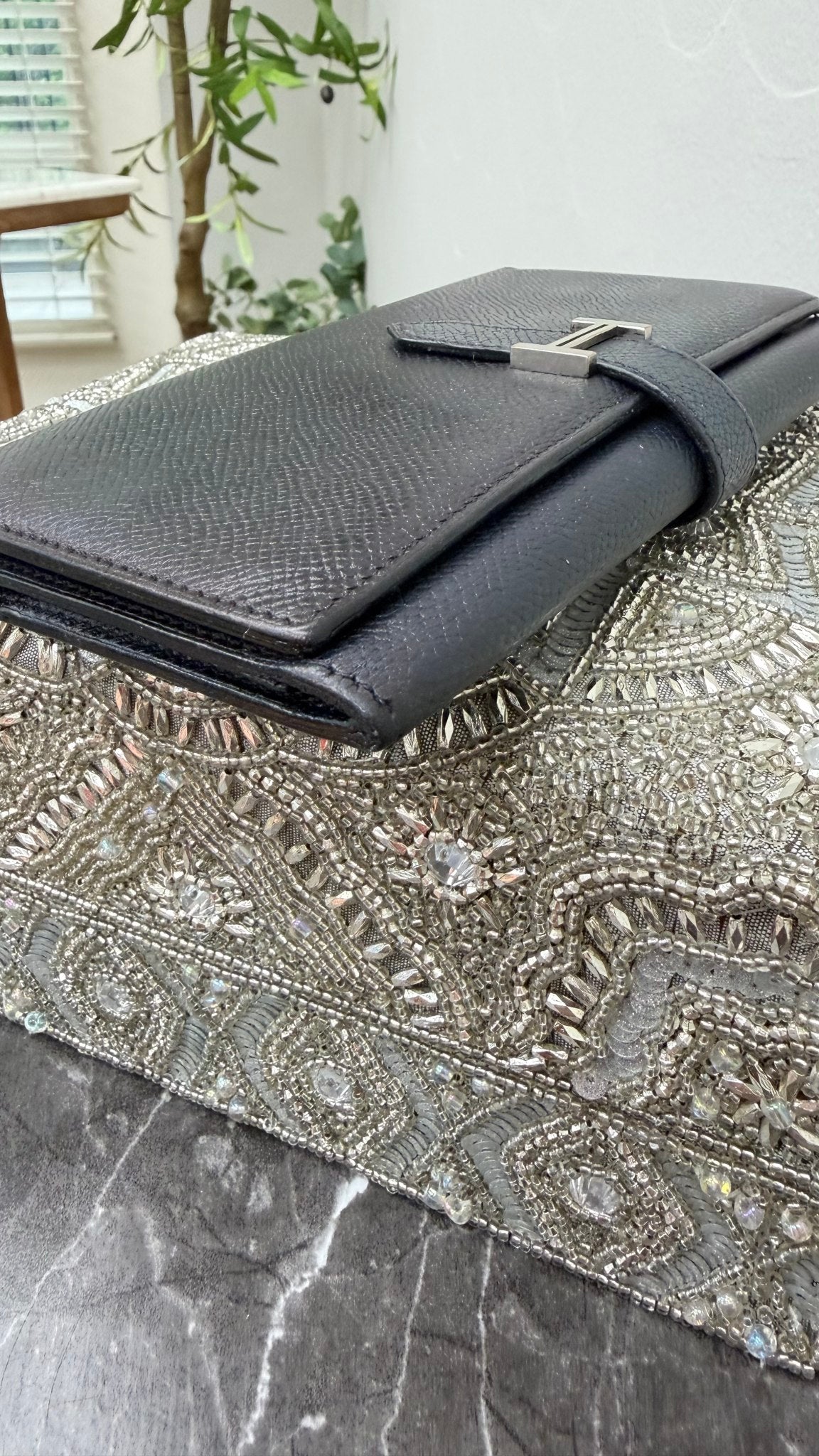 Hermes Black Epsom Leather Bearn Soufflét Long Wallet
