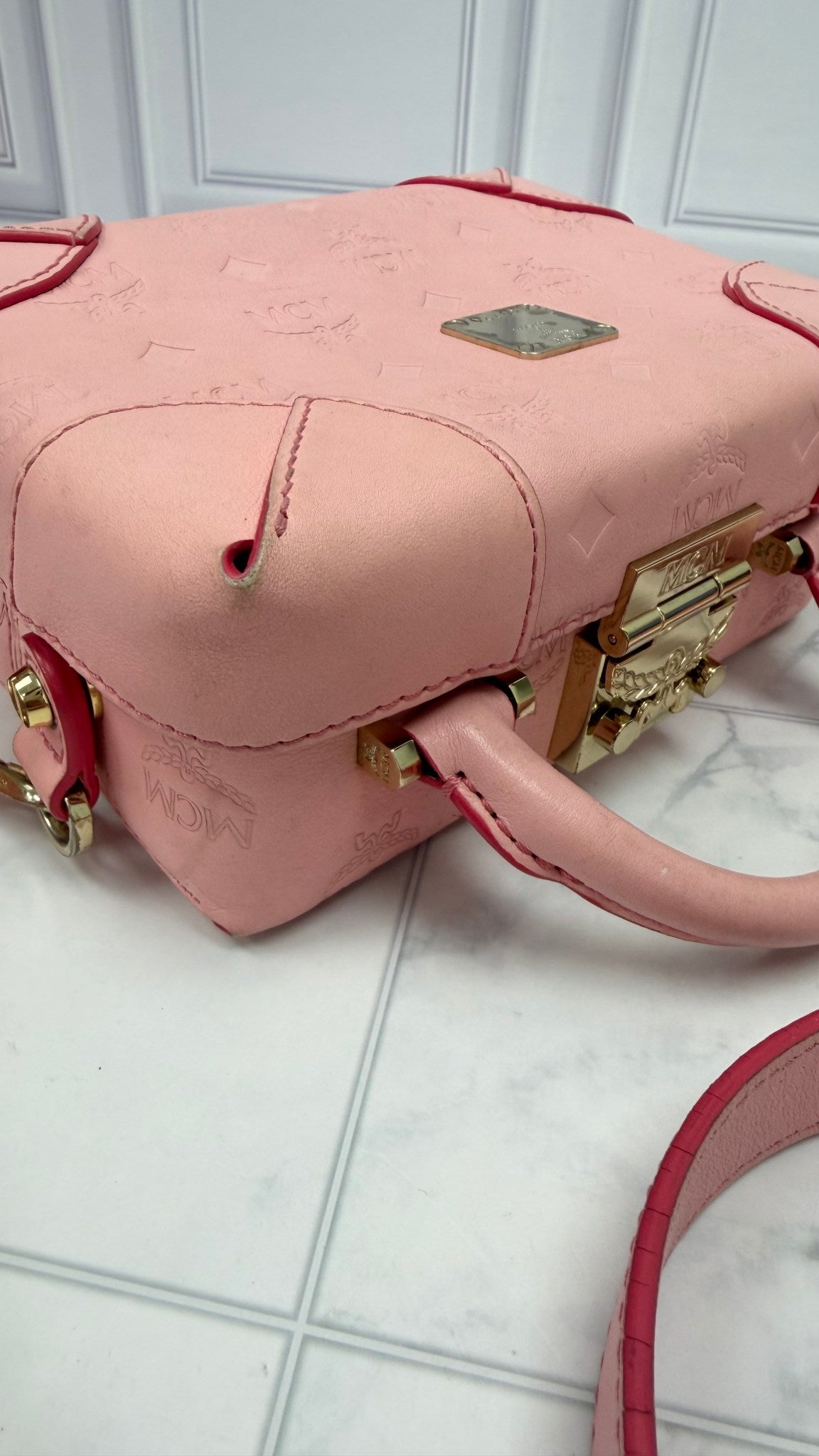 MCM Light Pink Embossed Visetos Leather Soft Berlin Box Trunk Crossbody