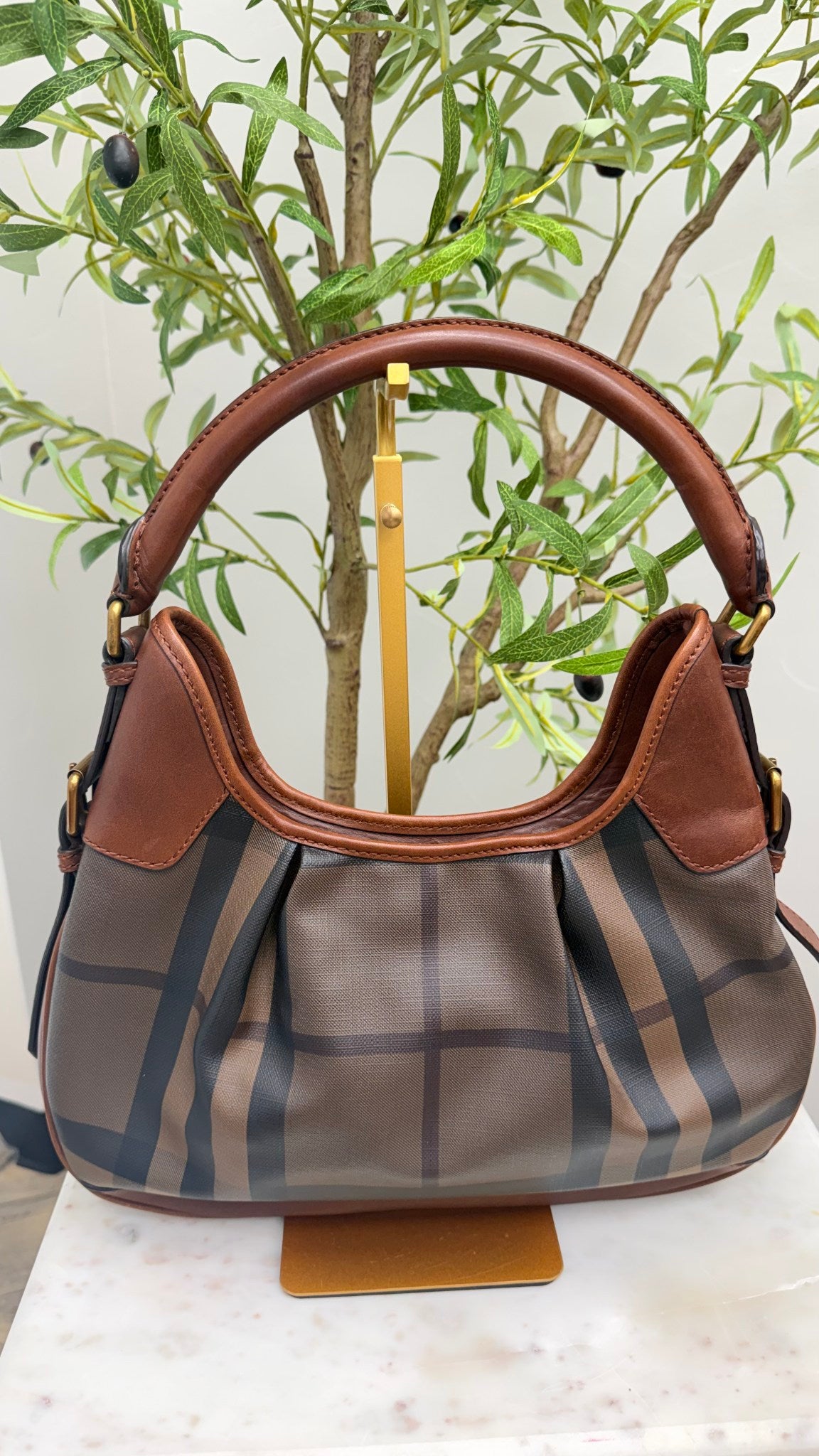 Burberry Brown Check Coated Canvas Hobo Bag