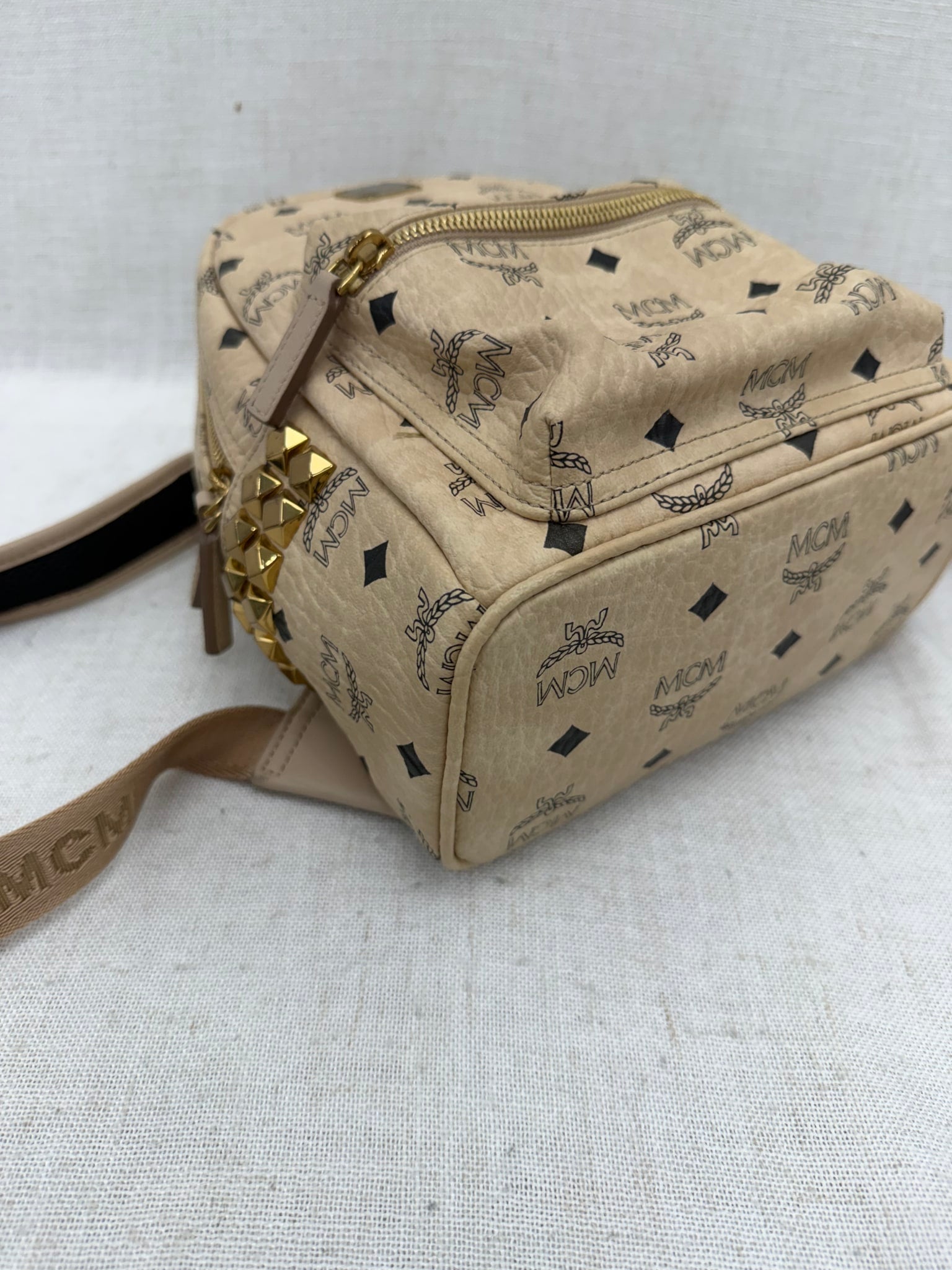 MCM Beige Visetos Leather Studded Mini Backpack