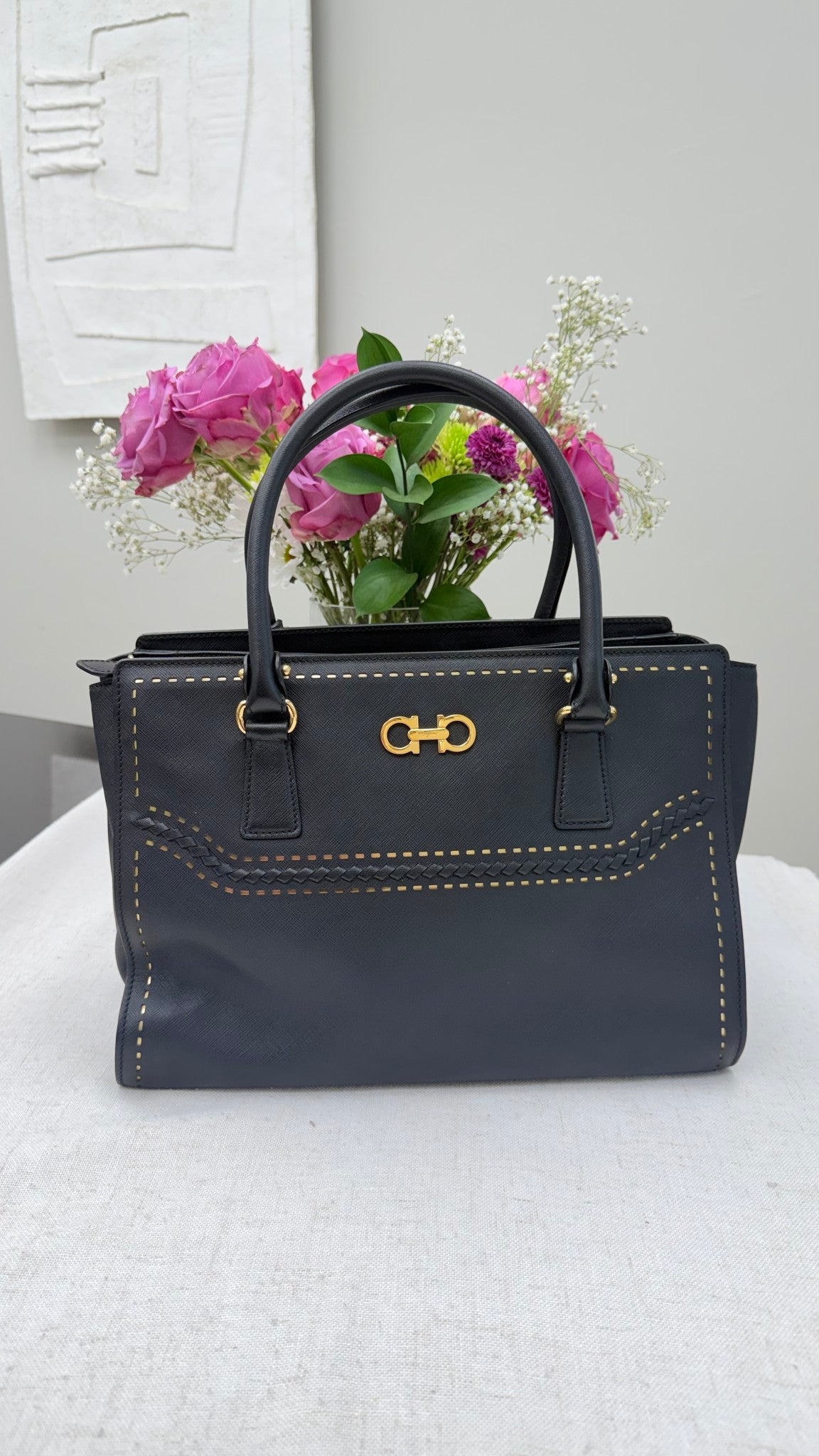 Salvatore Ferragamo Black Leather Braided Batik Tote Bag