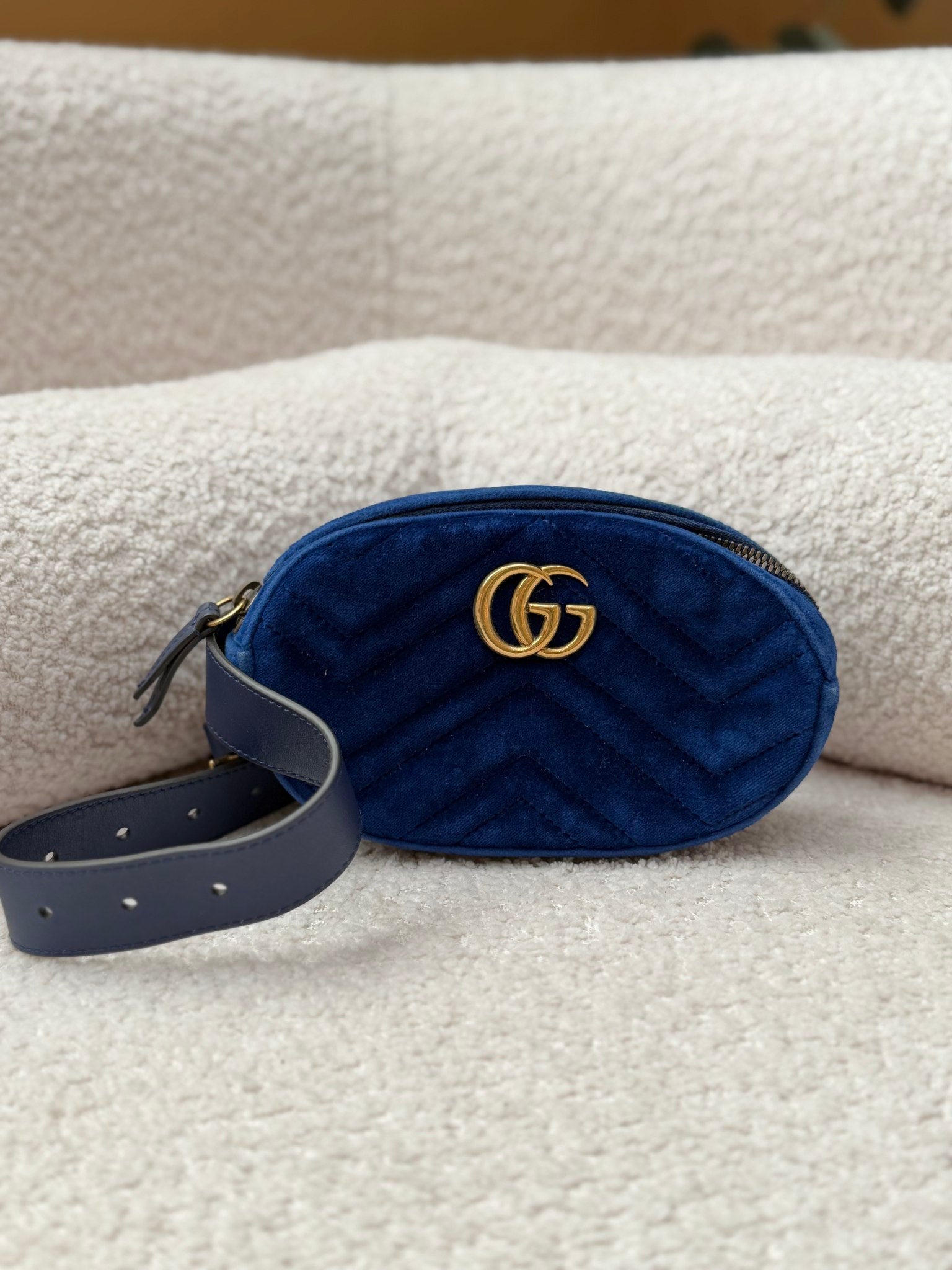 Gucci GG Marmont Blue Velvet Belt Bag