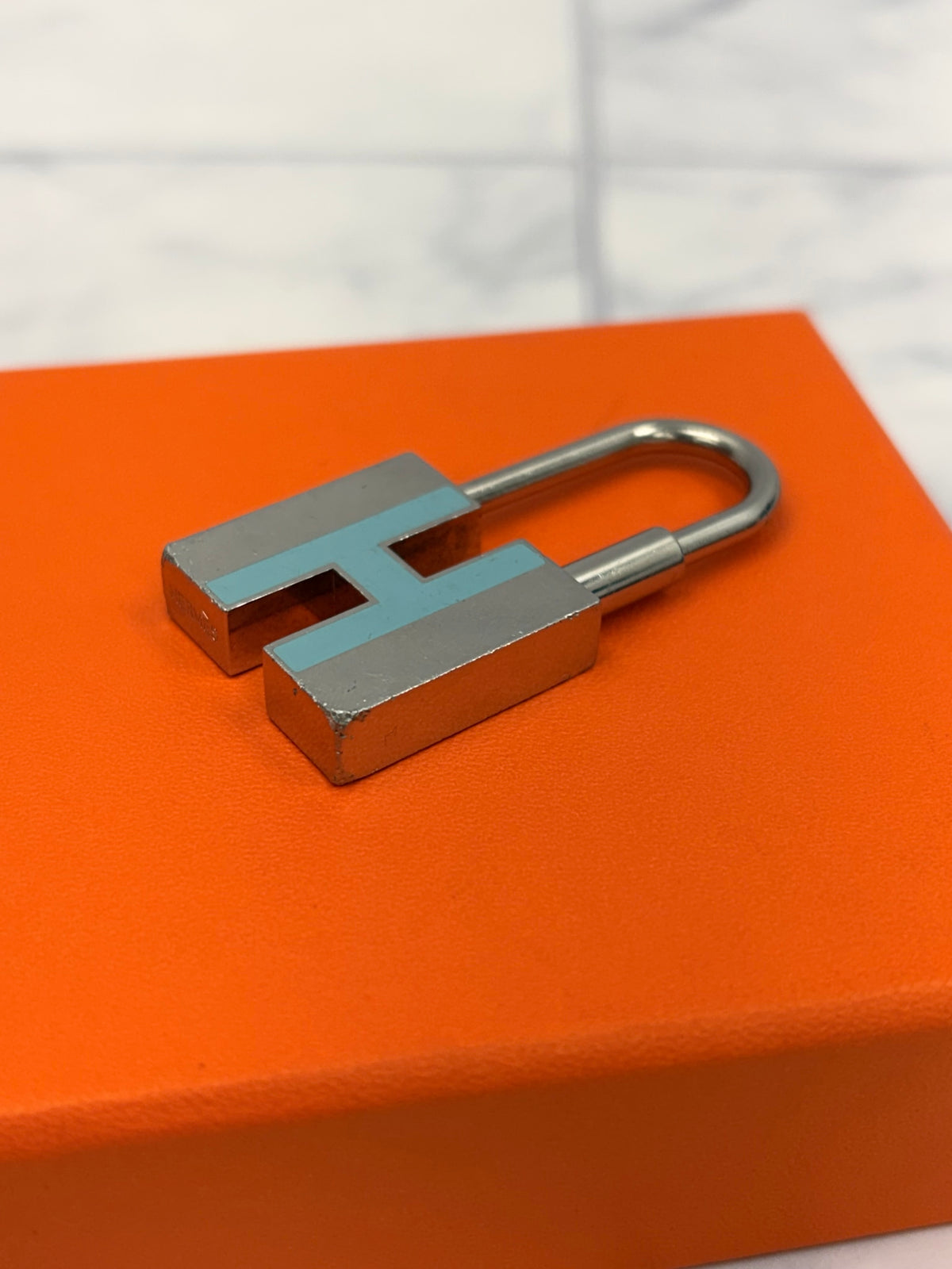 Hermes Silver Tone & Blue H Motif Cadena Padlock Charm