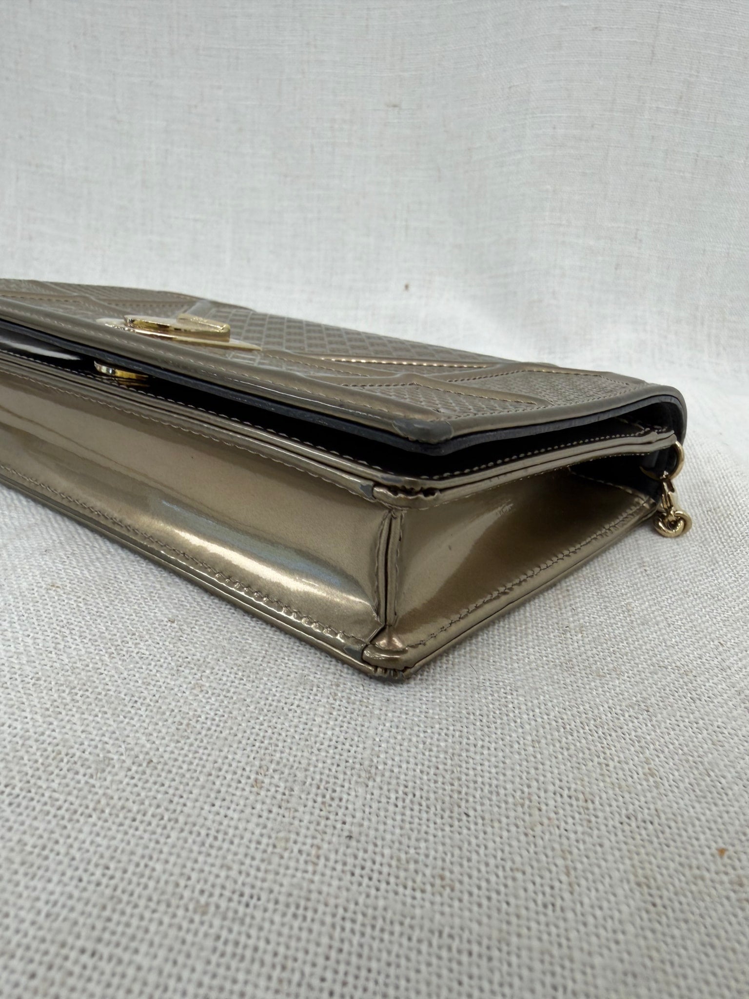 Christian Dior Bronze Patent Leather Microcannage Diorama Wallet on a Chain