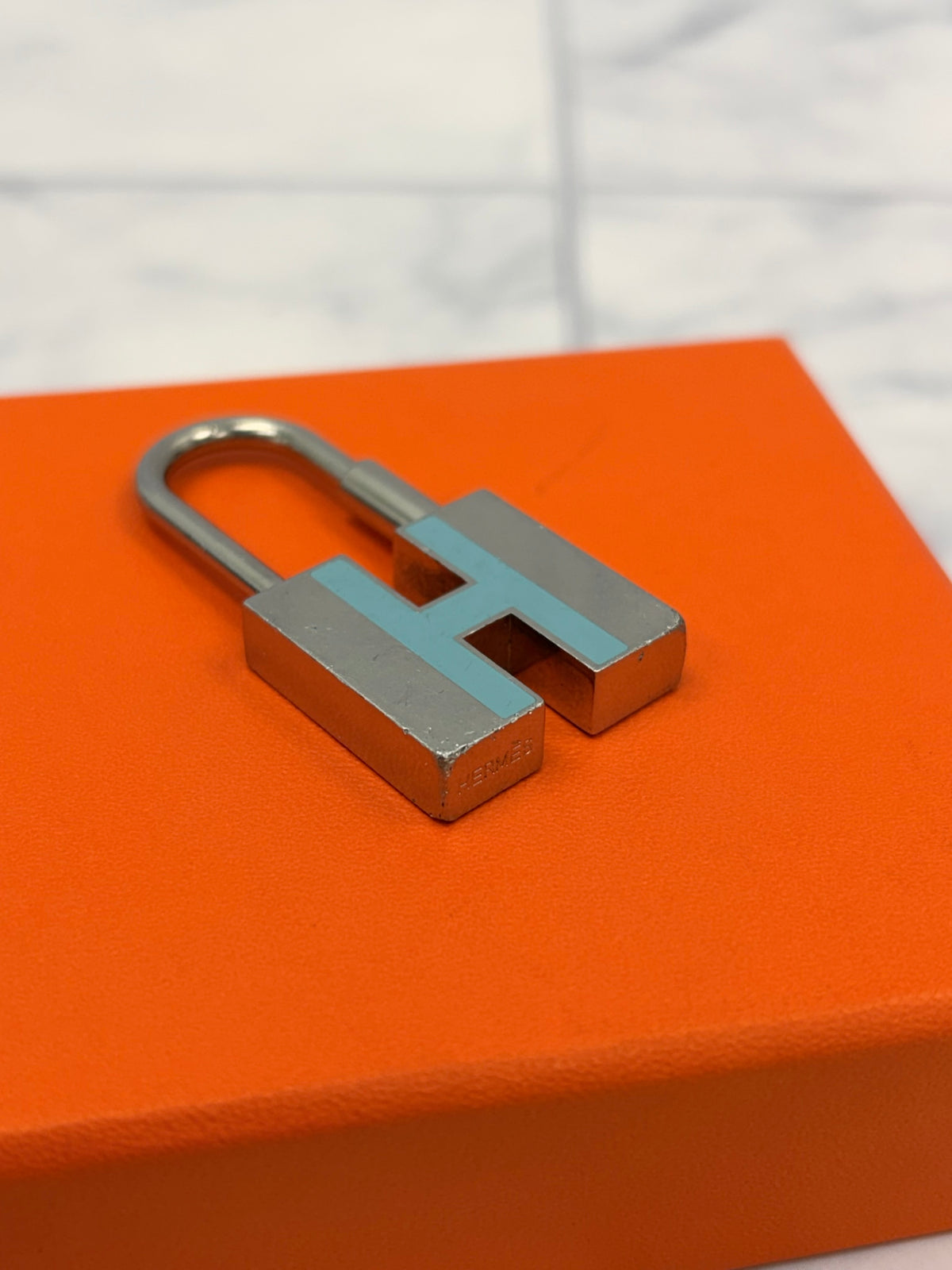 Hermes Silver Tone & Blue H Motif Cadena Padlock Charm