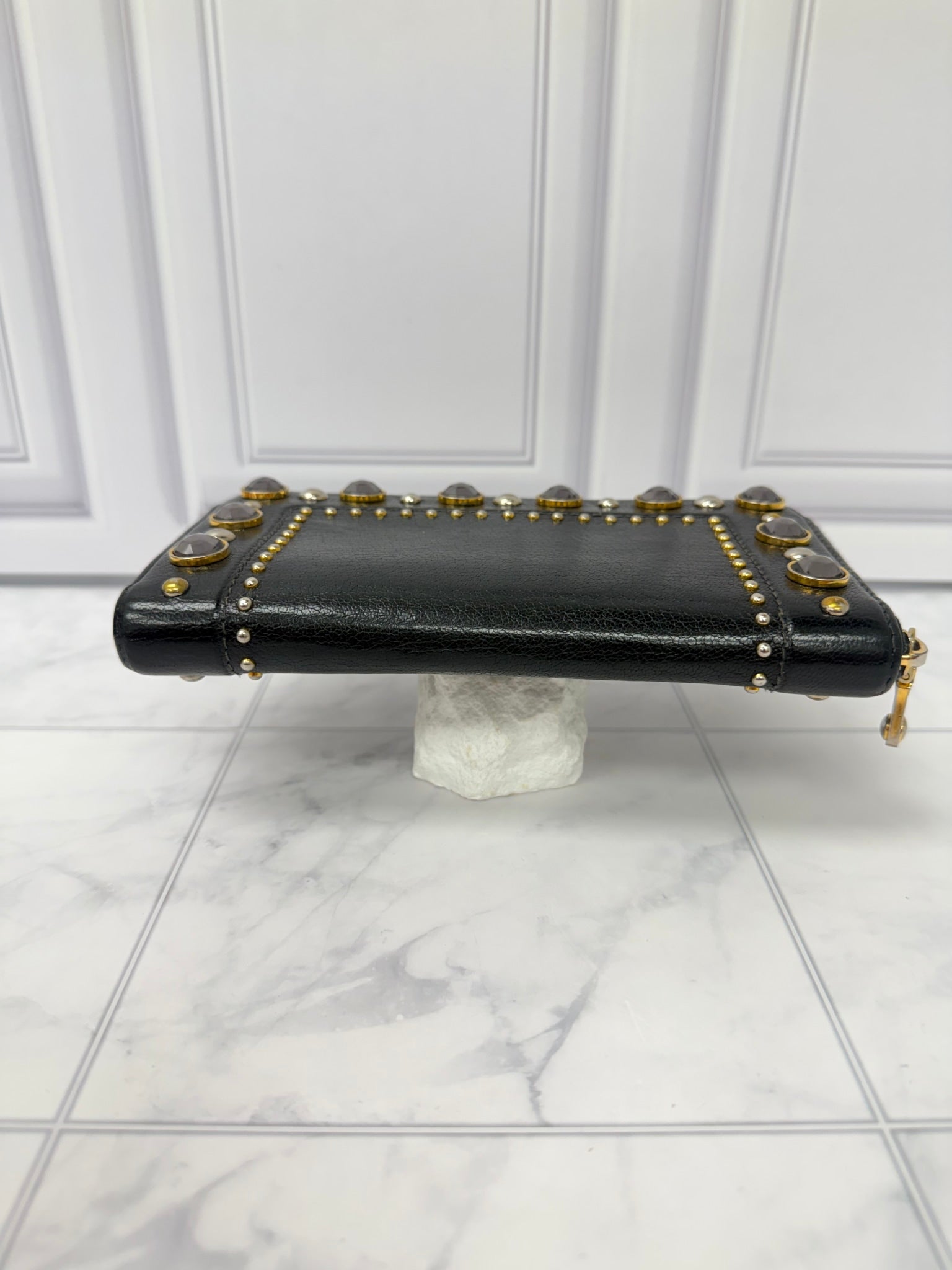 Miu Miu Black Leather Crystal Studded Zippy Wallet