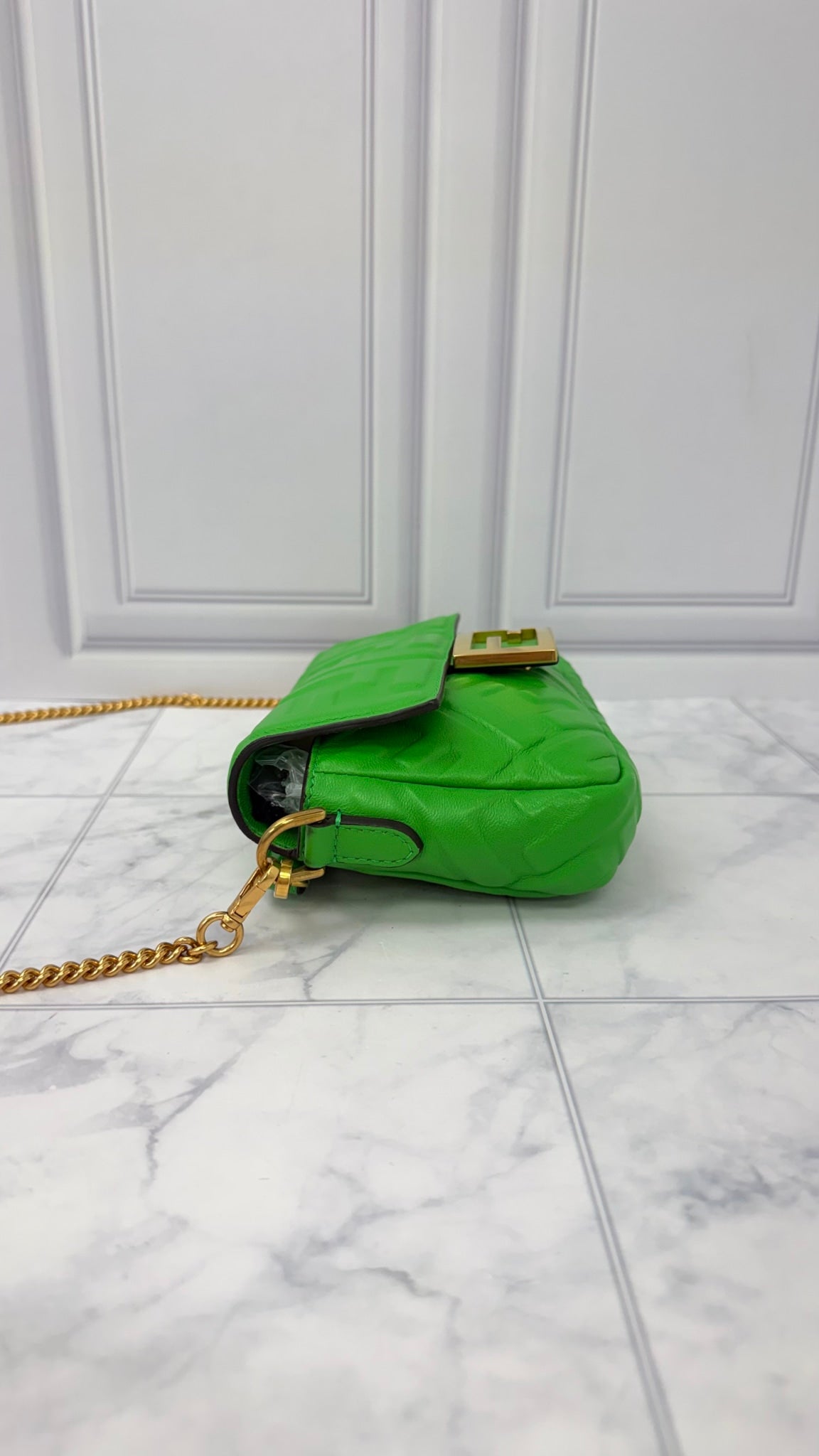BRAND NEW - Fendi Green Leather Embossed Mini Baguette Chain Crossbody Bag
