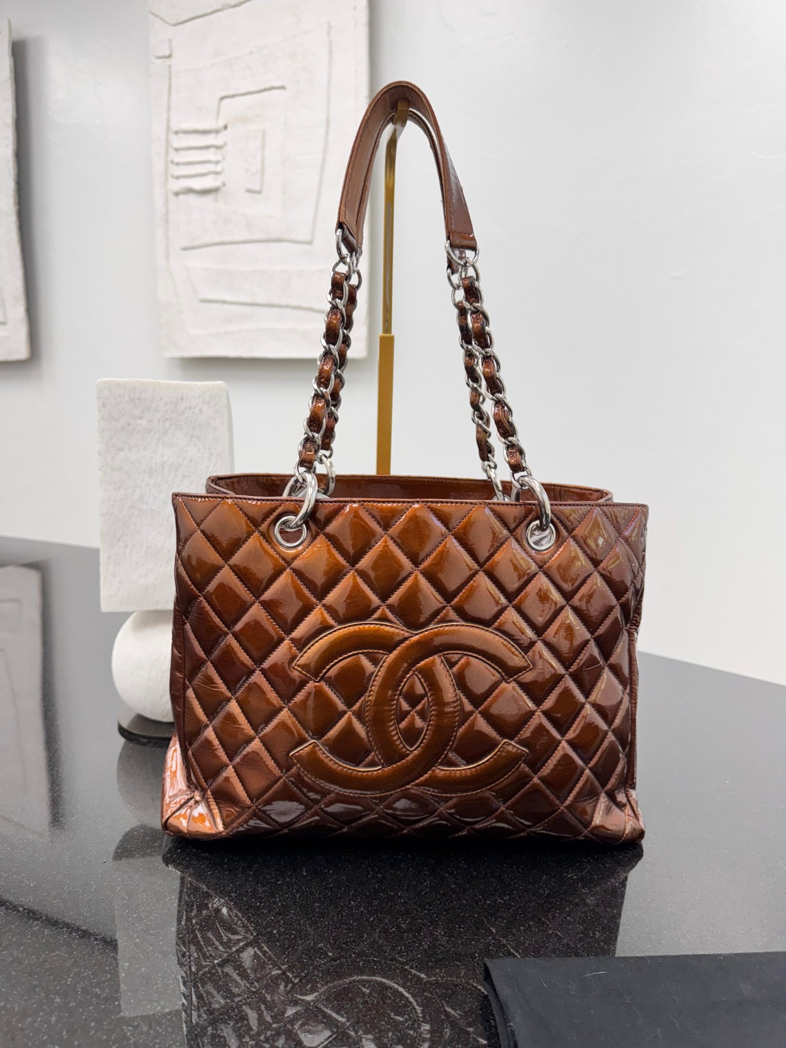 Chanel Bronze Quilted Patent Leather Grand Shopping Tote