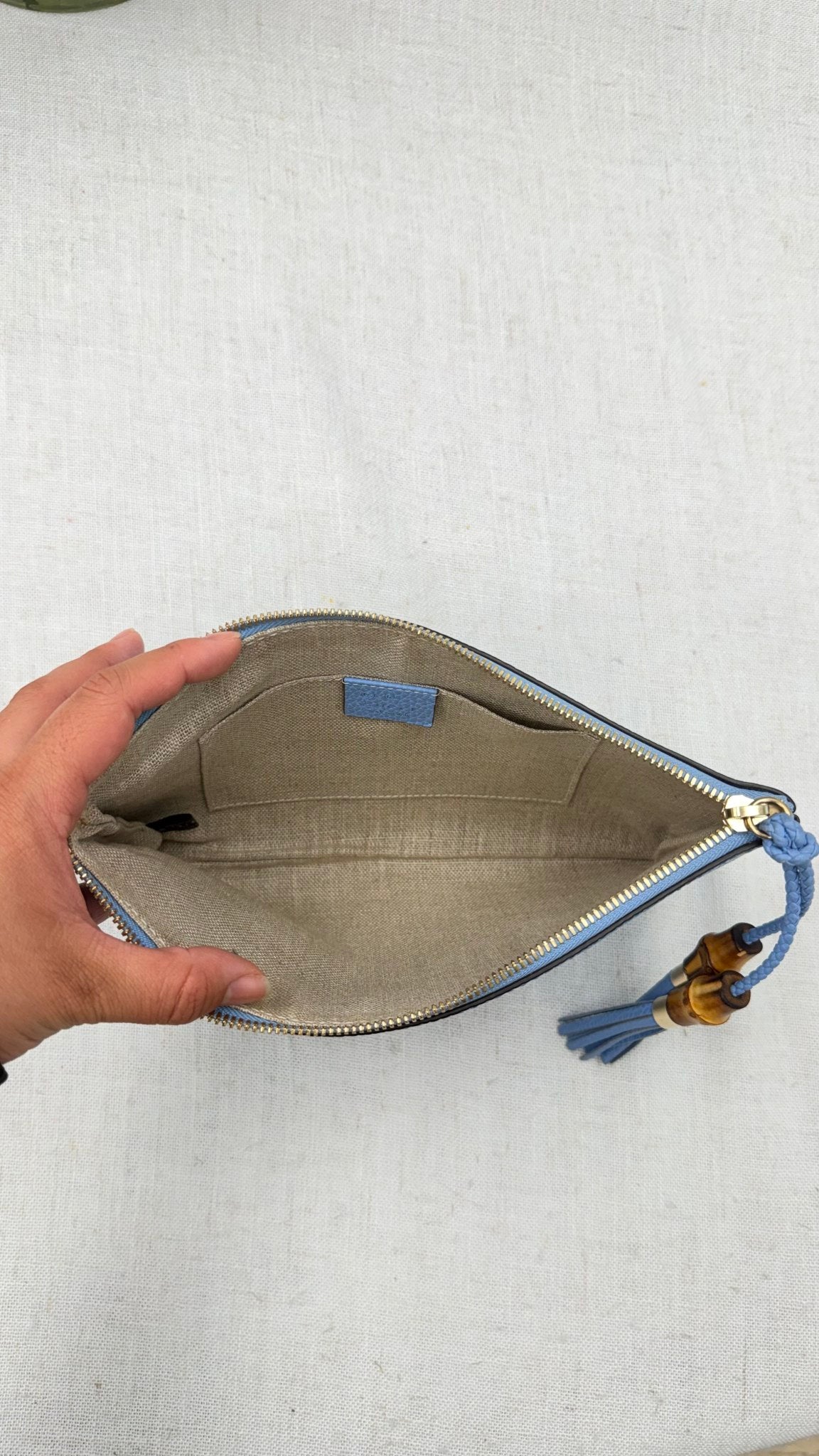 Gucci Blue Grained Leather Bamboo Clutch