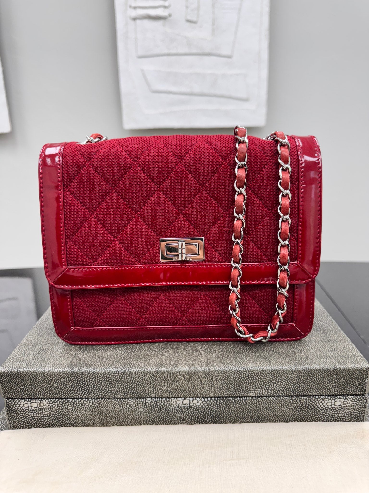 Chanel Red Quilted Jersey And Patent Leather 2.55 Reissue Flap Shoulder Bag