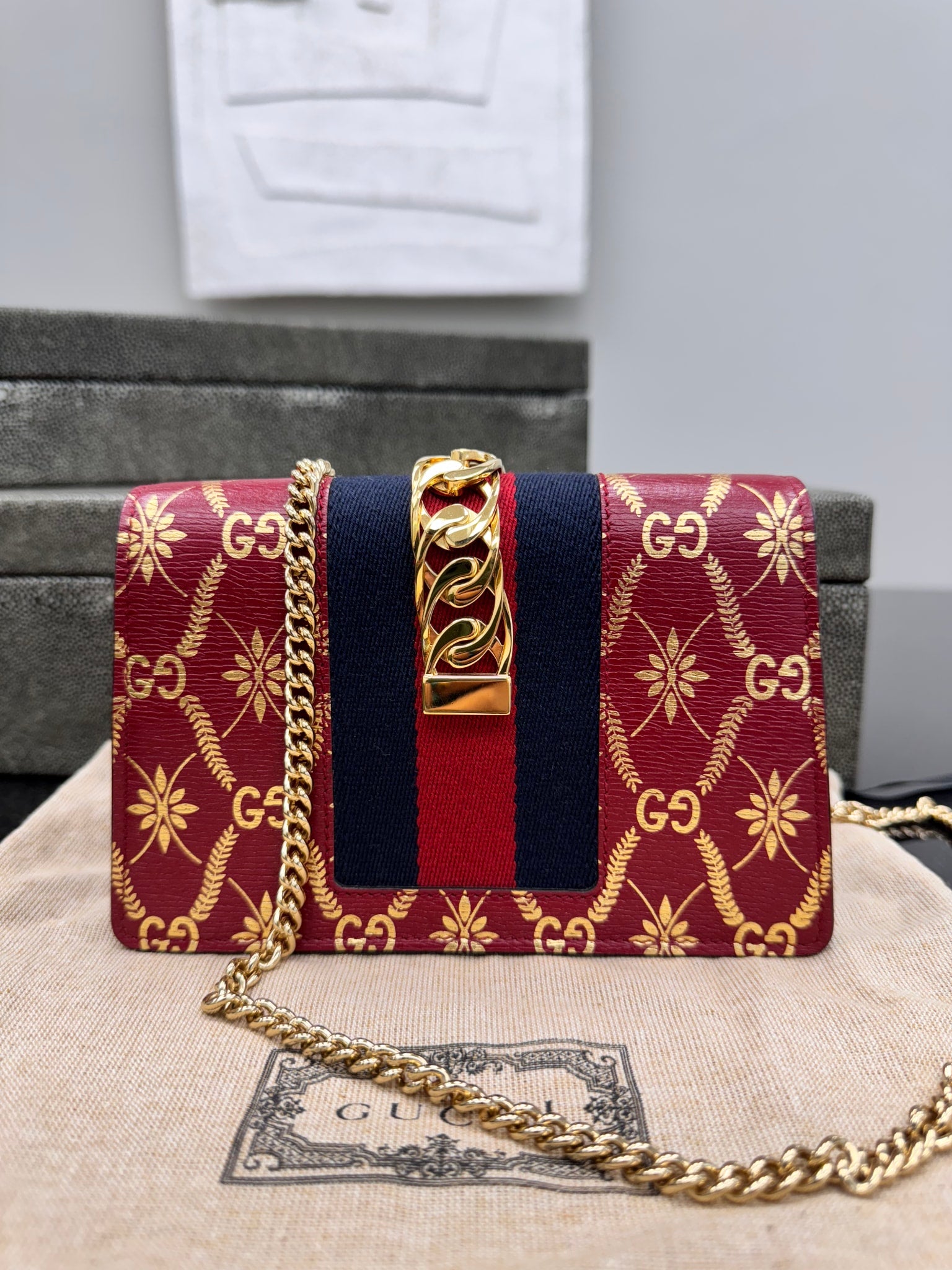 Gucci Red & Gold Printed Leather Web Sylvie Super Mini Crossbody Bag