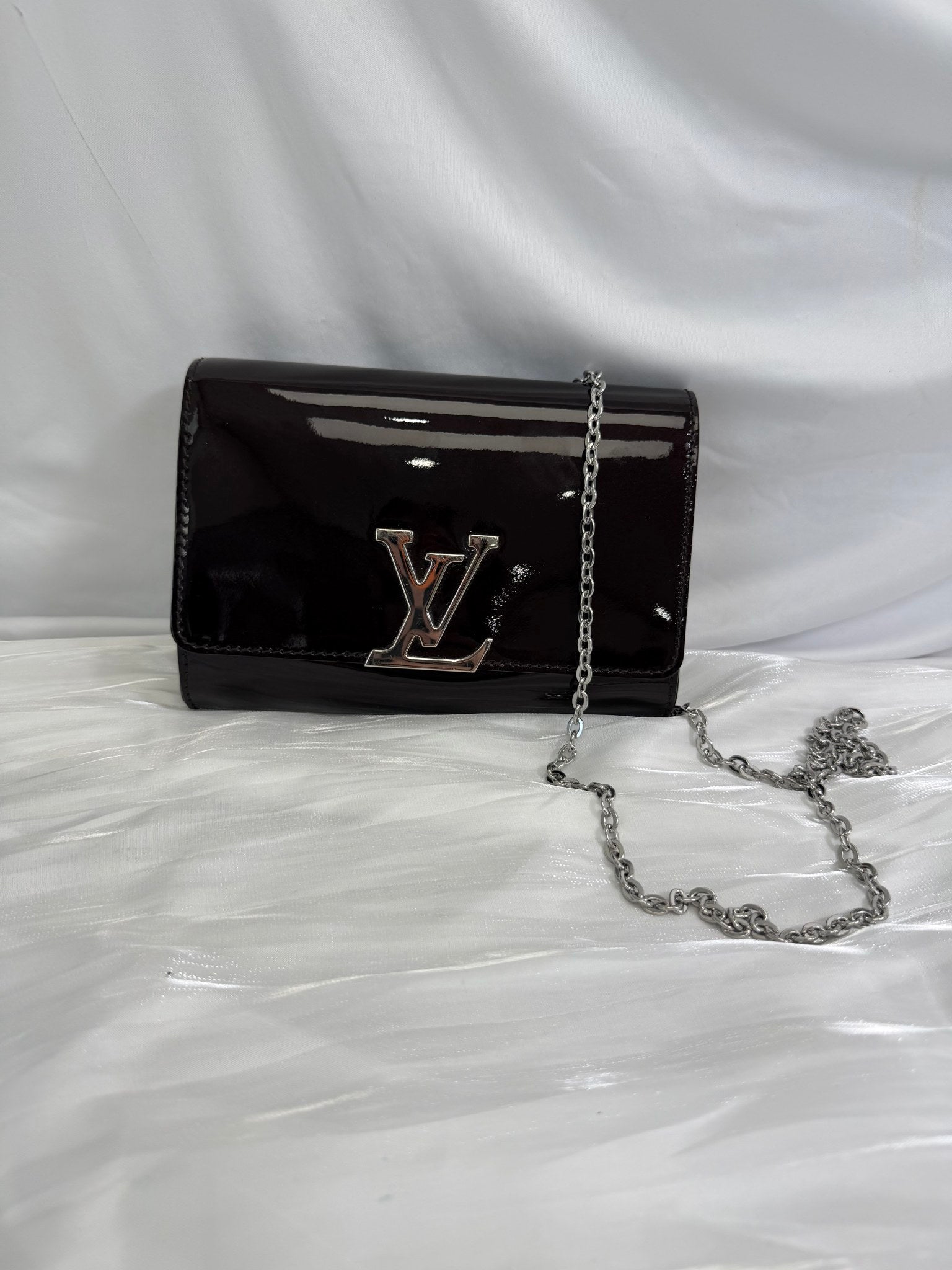 Louis Vuitton Burgundy Patent Leather Louise Chain Clutch PM
