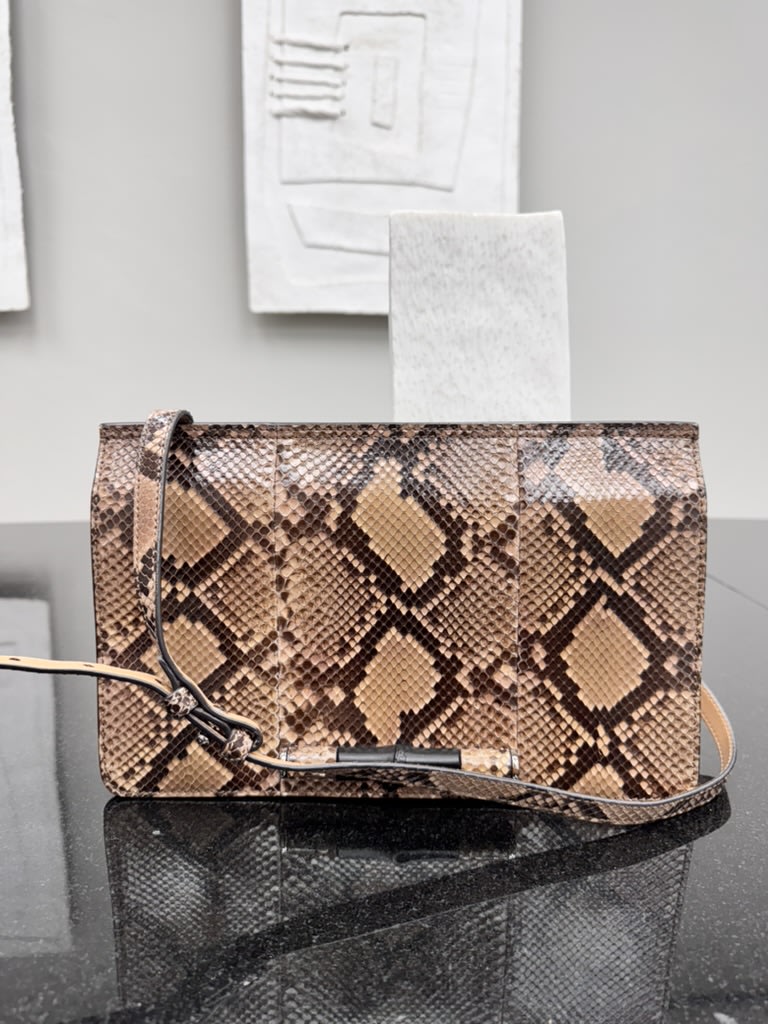 LIKE NEW - Gucci Brown Python And Bamboo Flap Crossbody Bag
