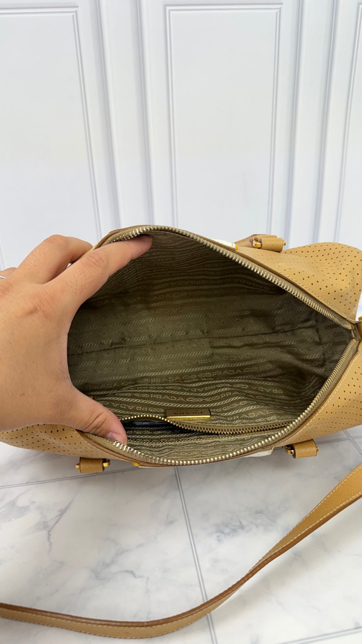 Prada Beige And White Perforated Saffiano Leather Boston Bag