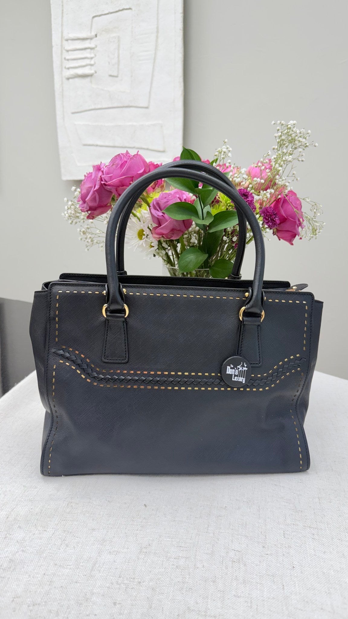 Salvatore Ferragamo Black Leather Braided Batik Tote Bag