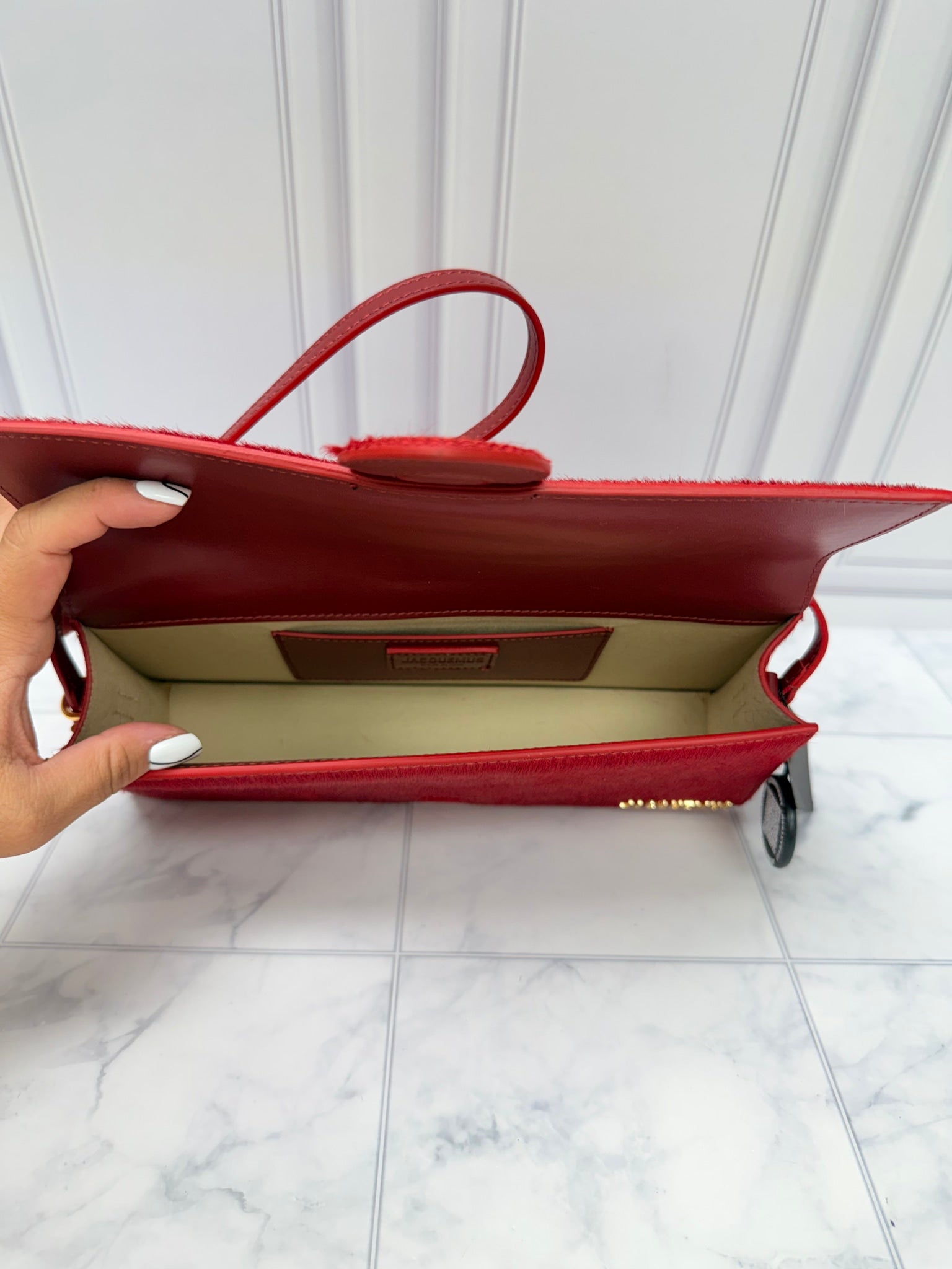 BRAND NEW - Jacquemus Red Pony Hair Le Bambino Long Shoulder Bag