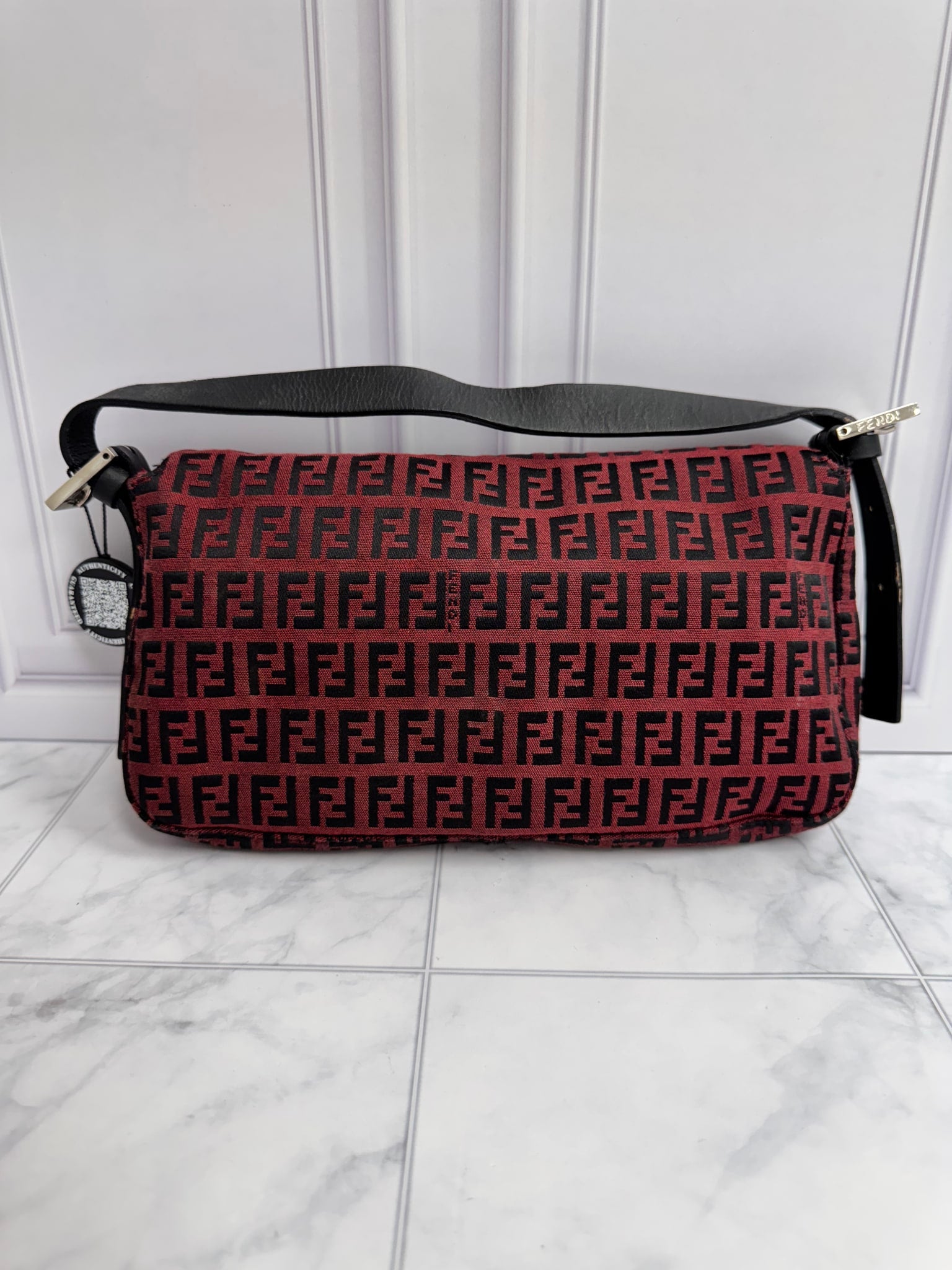 Fendi Red And Black Zucca FF Monogram Canvas Baguette Shoulder Bag