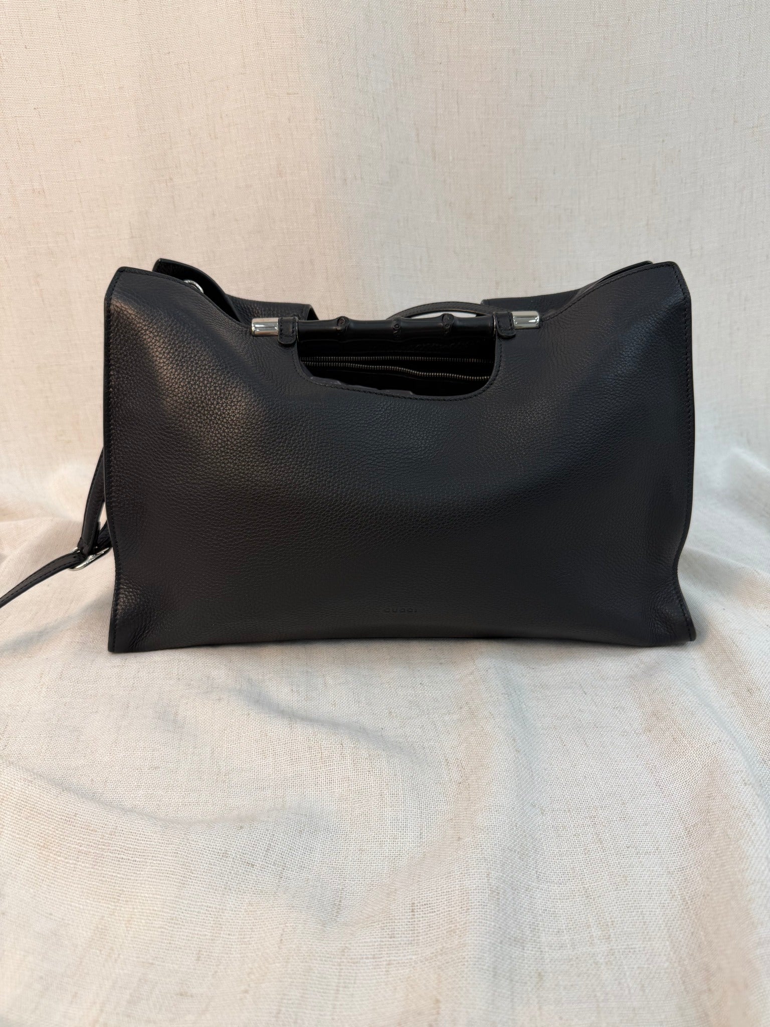 Gucci Black Leather Bamboo Handle Two Way Bag