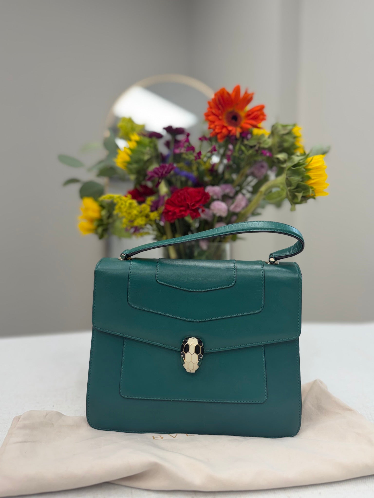 Bvlgari Green Leather Serpenti Forever Top Handle Handbag