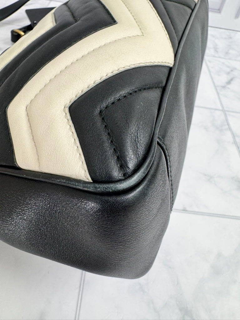 Gucci Black And White GG Marmont Chevron Quilted Leather Shoulder Bag