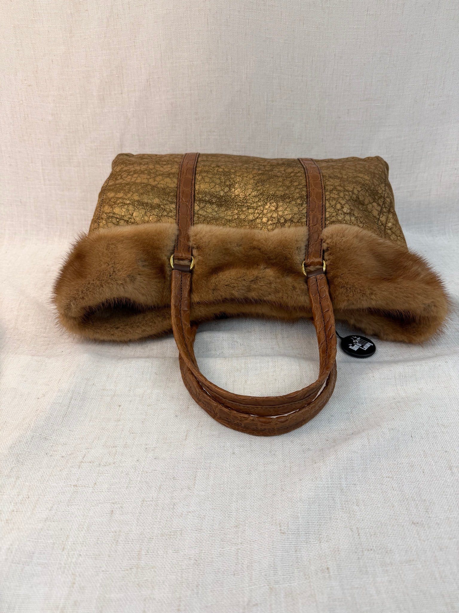Prada Gold Distressed Sheepskin And Mink Trim Bag